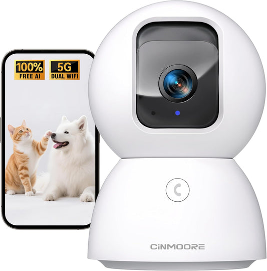 3K Pet/Dog/Cat Camera with Phone App, No-Subscription Local Person/Pet/Face Detection, 5G Security Camera Indoor, PTZ WiFi Cameras for Home Security, 0-Glow Night Vision, Full Duplex Audio