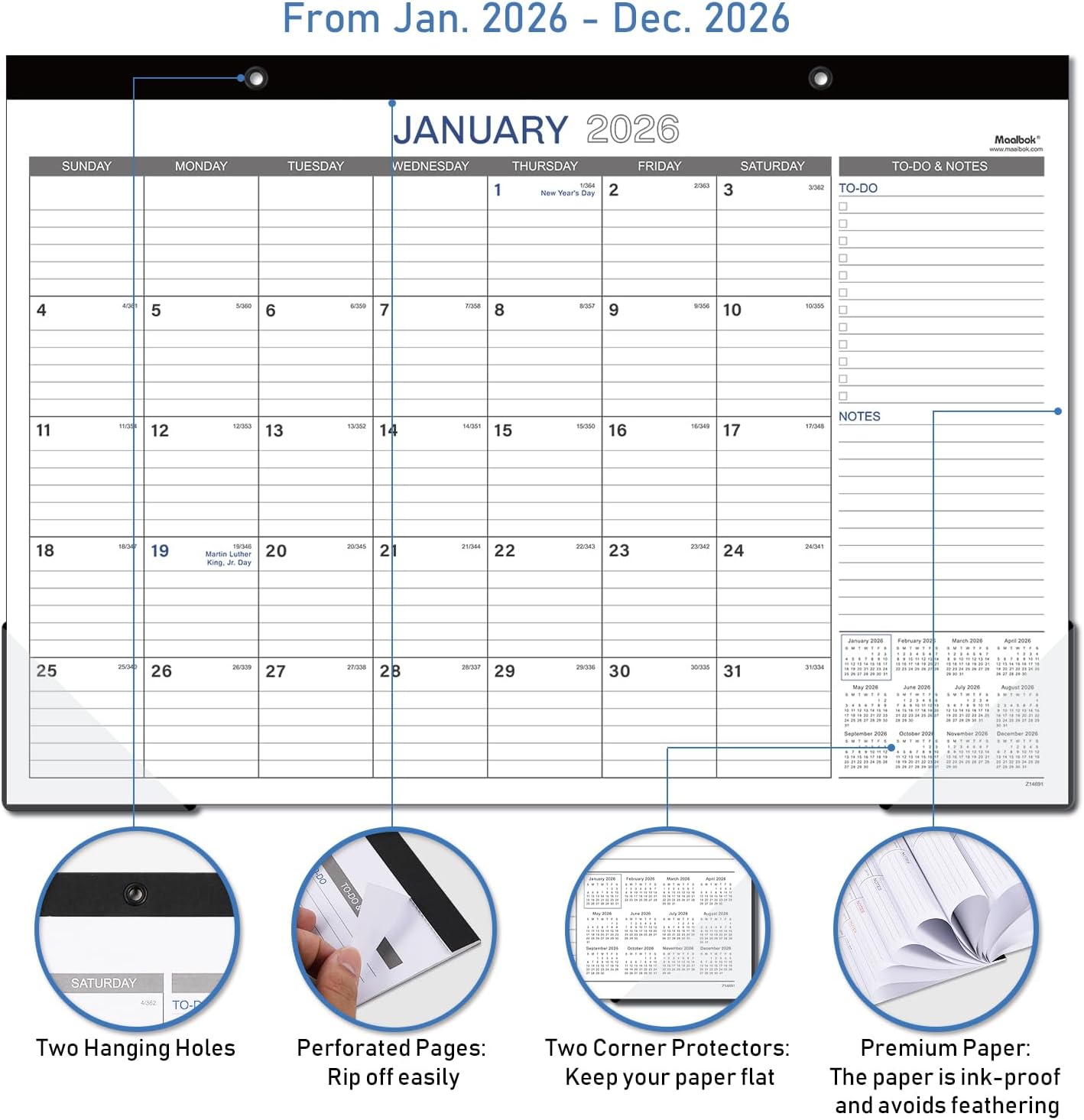 2026 Desk Calendar - 17" x 12" Desk Calendar 2026, JAN 2026 - DEC 2026, 12 Months Calendar 2026, Desk Pad, Large Ruled Blocks, Premium Paper