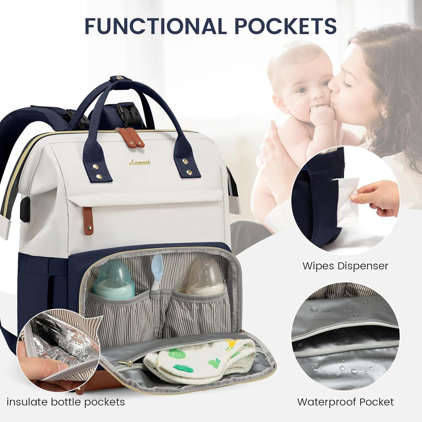 LOVEVOOK Diaper Bag Backpack, Baby Bag with Changing Station, Large Diaper Backpack for Mom Dads, Waterproof Leather Mommy Bag for Boy and Girl, Travel Essential Baby Shower, Navy Blue-Beige