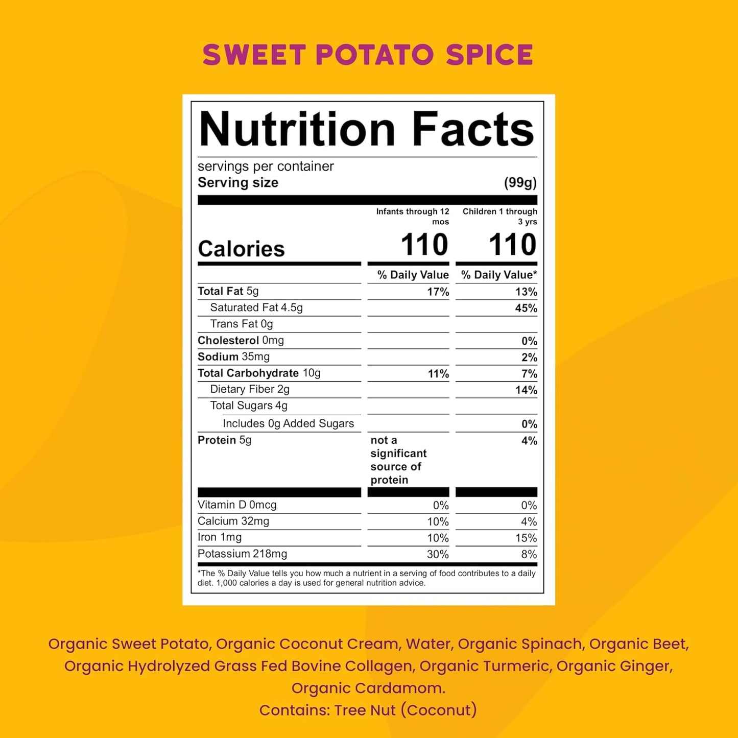 Serenity Kids 6+ Months Dairy-Free Smoothie Baby Food Pouches - USDA Organic, Grass Fed Collagen Protein - 3.5 Oz BPA-Free - Sweet Potato Spice - 6 Count - Smoothie Pouches