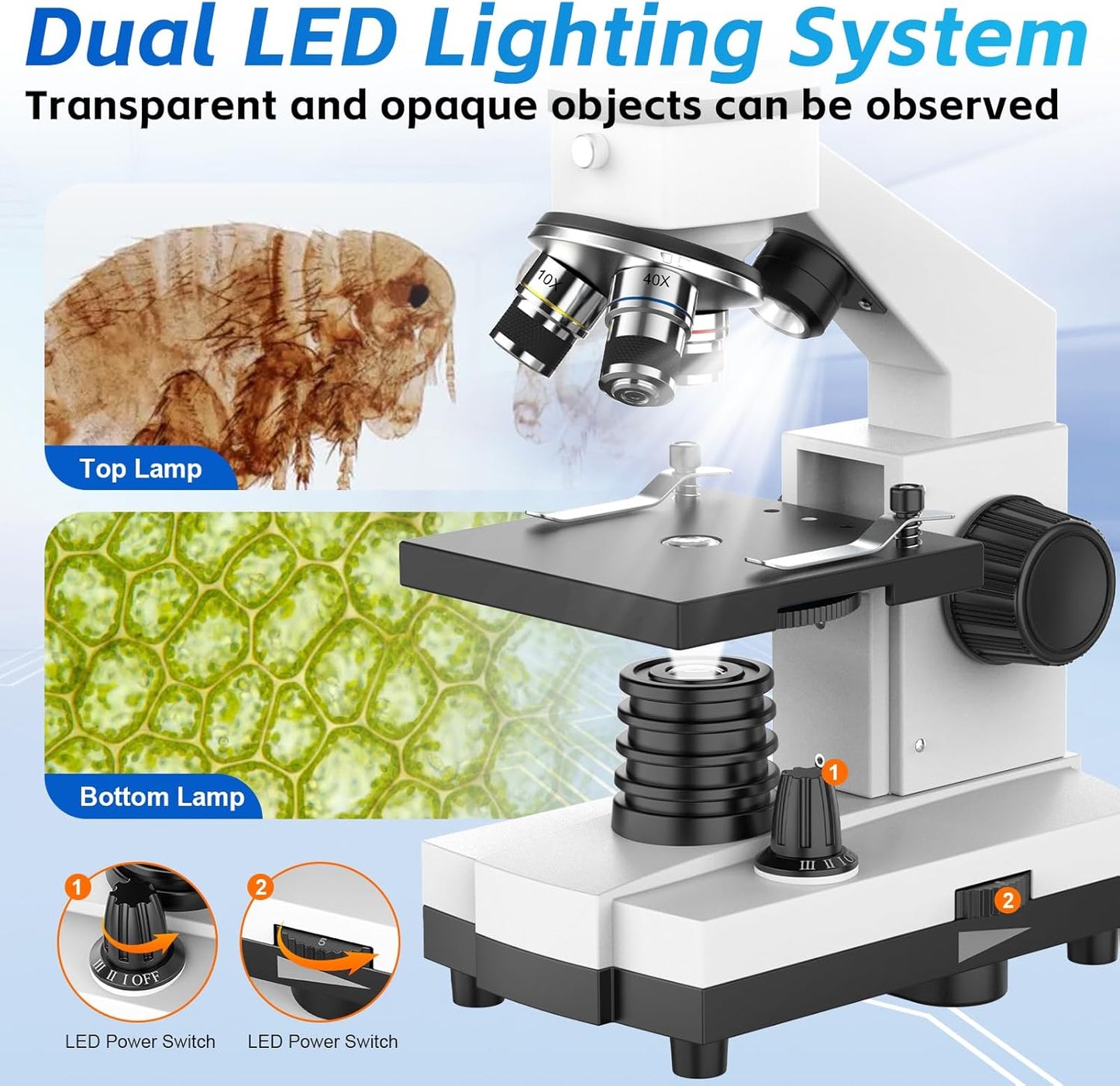 40X-2000X Monocular Microscope for Adults & Kids - Wozel Compound Microscopes for Kids with Dual LED Lights - Professional Biological Microscope with Phone Adapter Slide Set for School Home Education