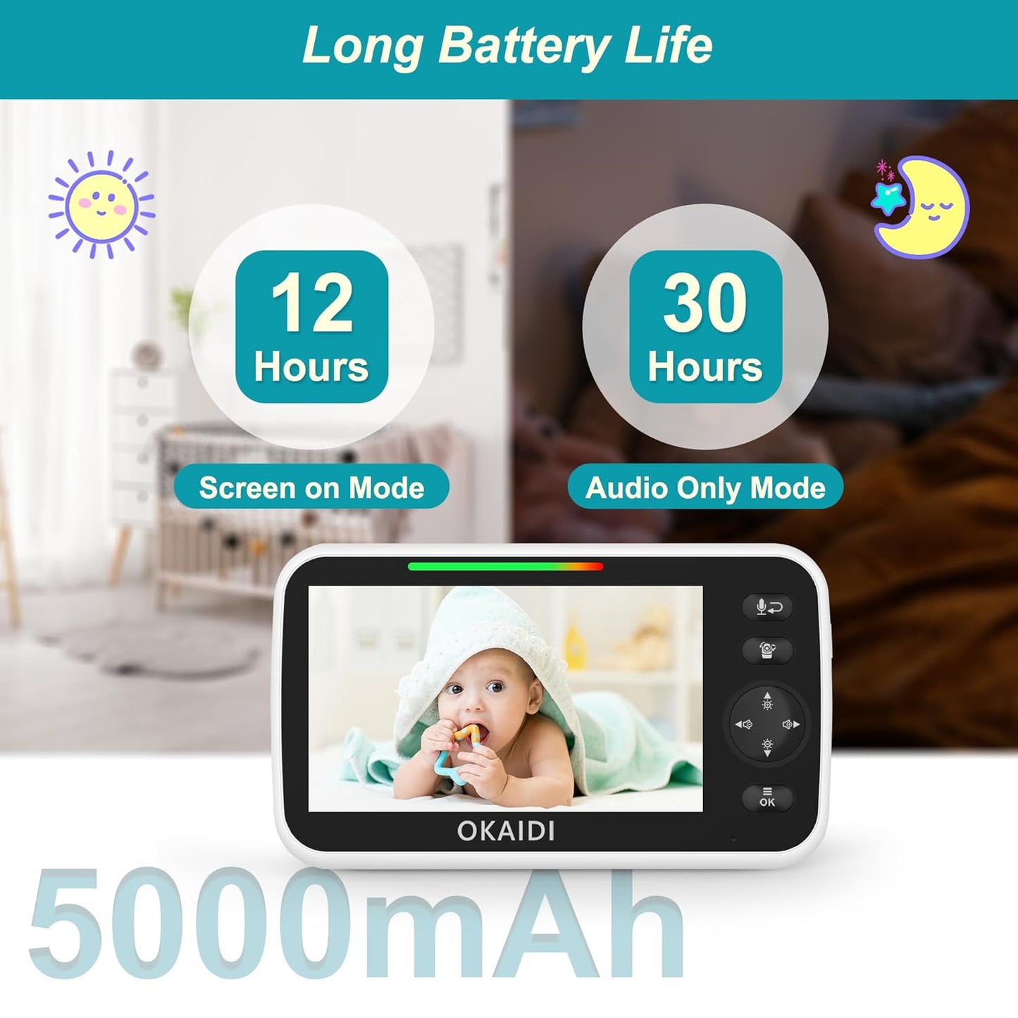 720P HD Baby Monitor, 5 Inch Baby Monitor with Camera and Audio, 5000mAh Battery, Remote Pan-Tilt, 3X Zoom, 1000ft Baby Monitor NO WiFi, Night Vision, 2-Way Talk, Temperature, Lullabies
