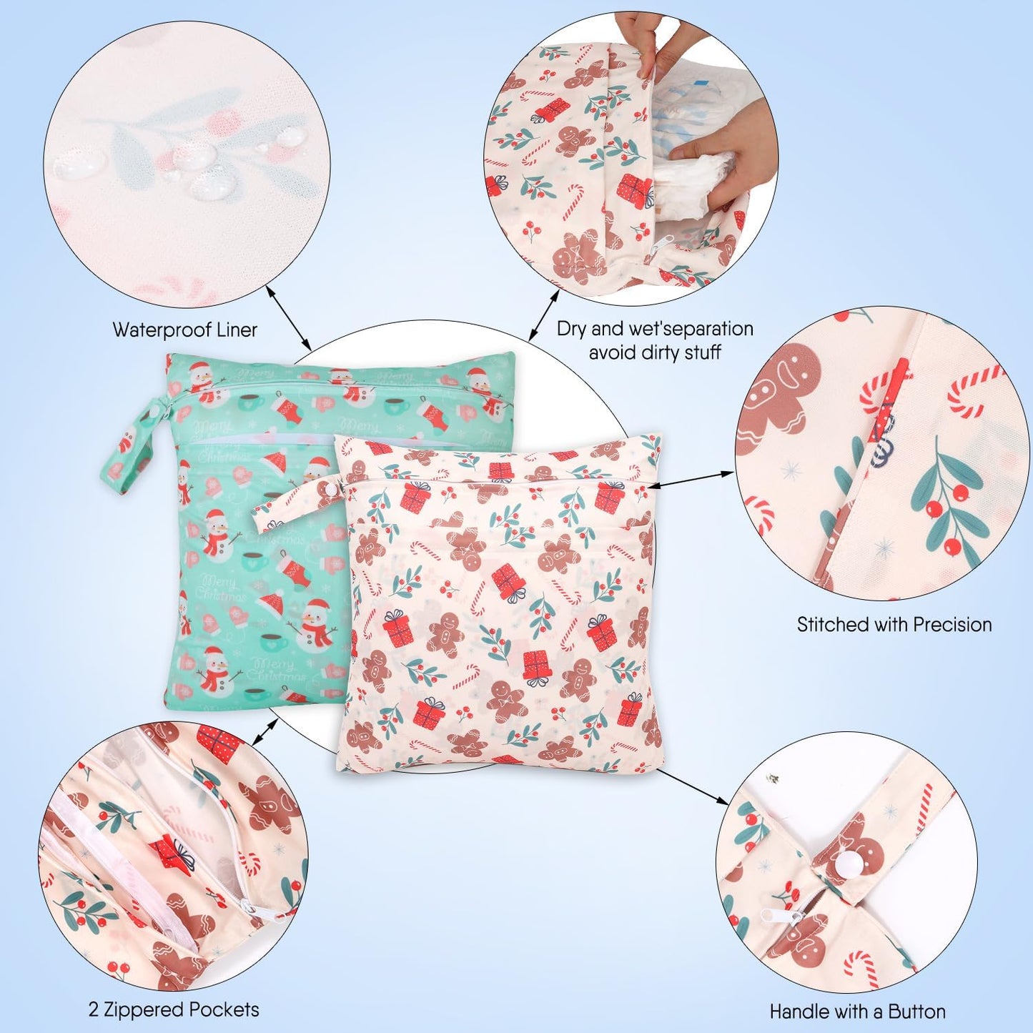 2pcs Cloth Diaper Wet Dry Bags, Waterproof Reusable Wet Bag with 2 Zipper Pockets & Handle, Washable Laundry Bags for Baby Adult Clothes Travel Beach Pool Daycare Yoga Gym Exercise Swimsuits,