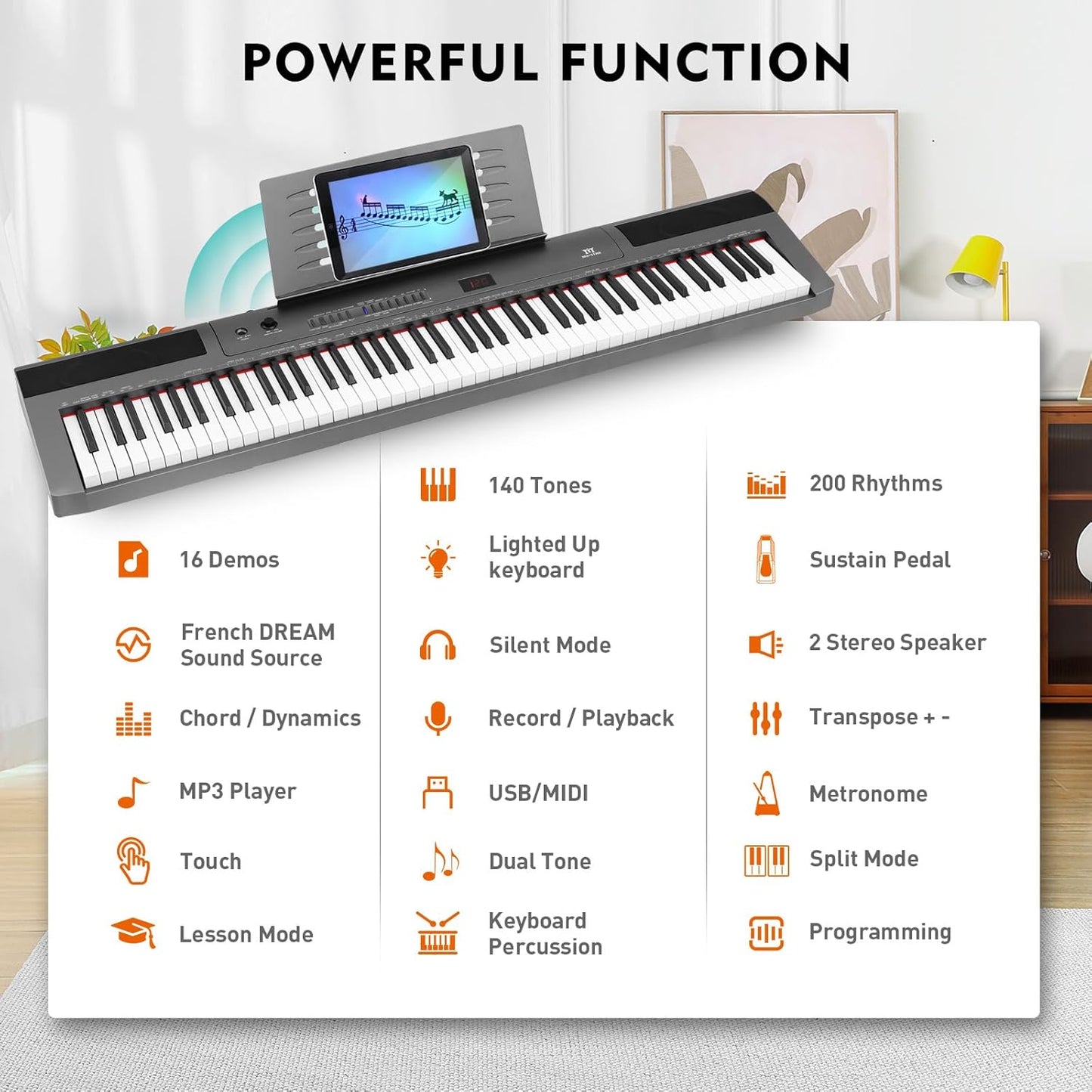 MUSTAR Digital Piano 88 Key Semi Weighted for Beginners, 88 Key Weighted Keyboard Piano with Stand, Full Size Electric Piano Keyboard 88 Keys, Build-in Speakers, Sustain Pedal (Gray-Light Up)