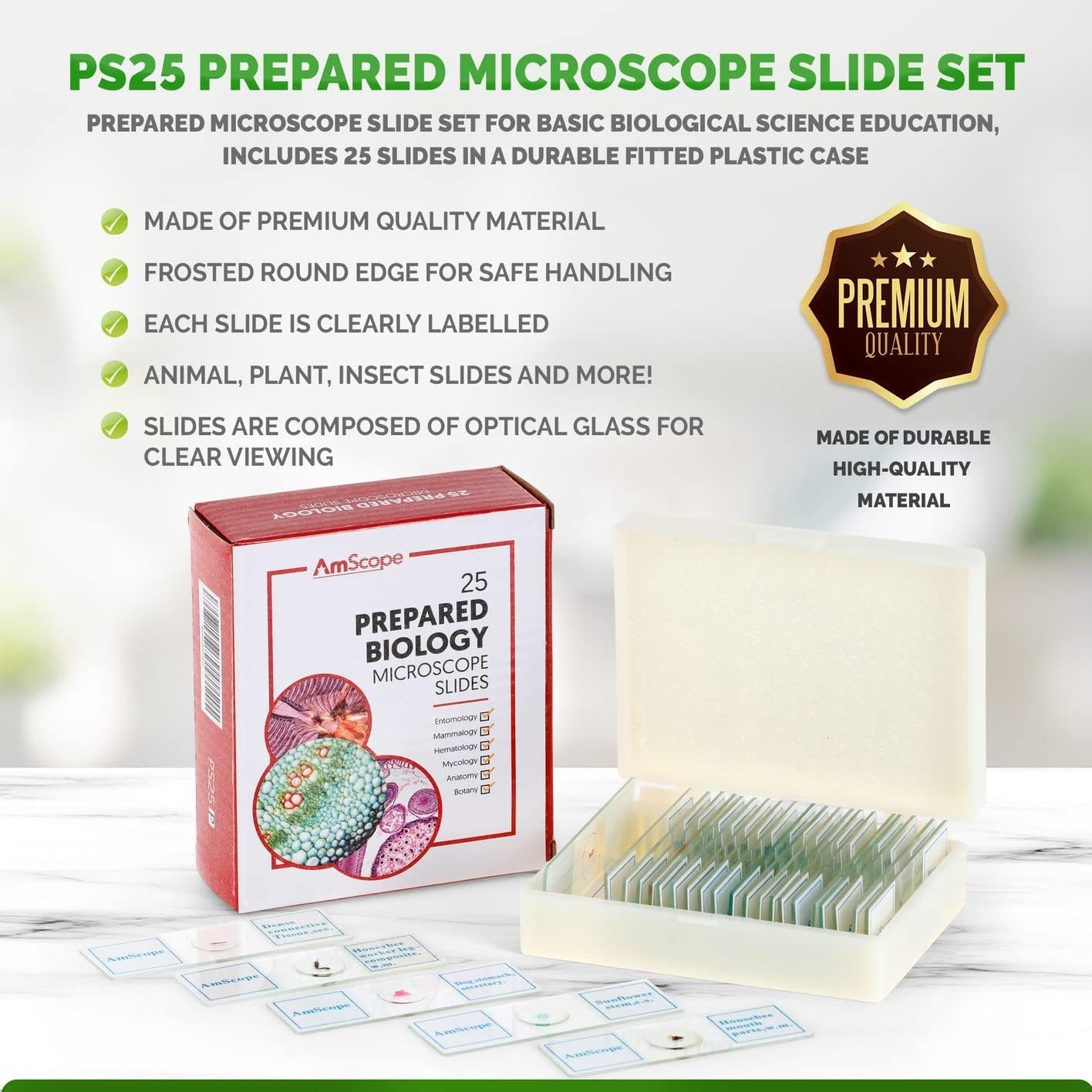 AmScope 25pc Prepared Glass Microscope Slides in Plastic Case with Plant, Fungus, Insect and Mammal Specimens