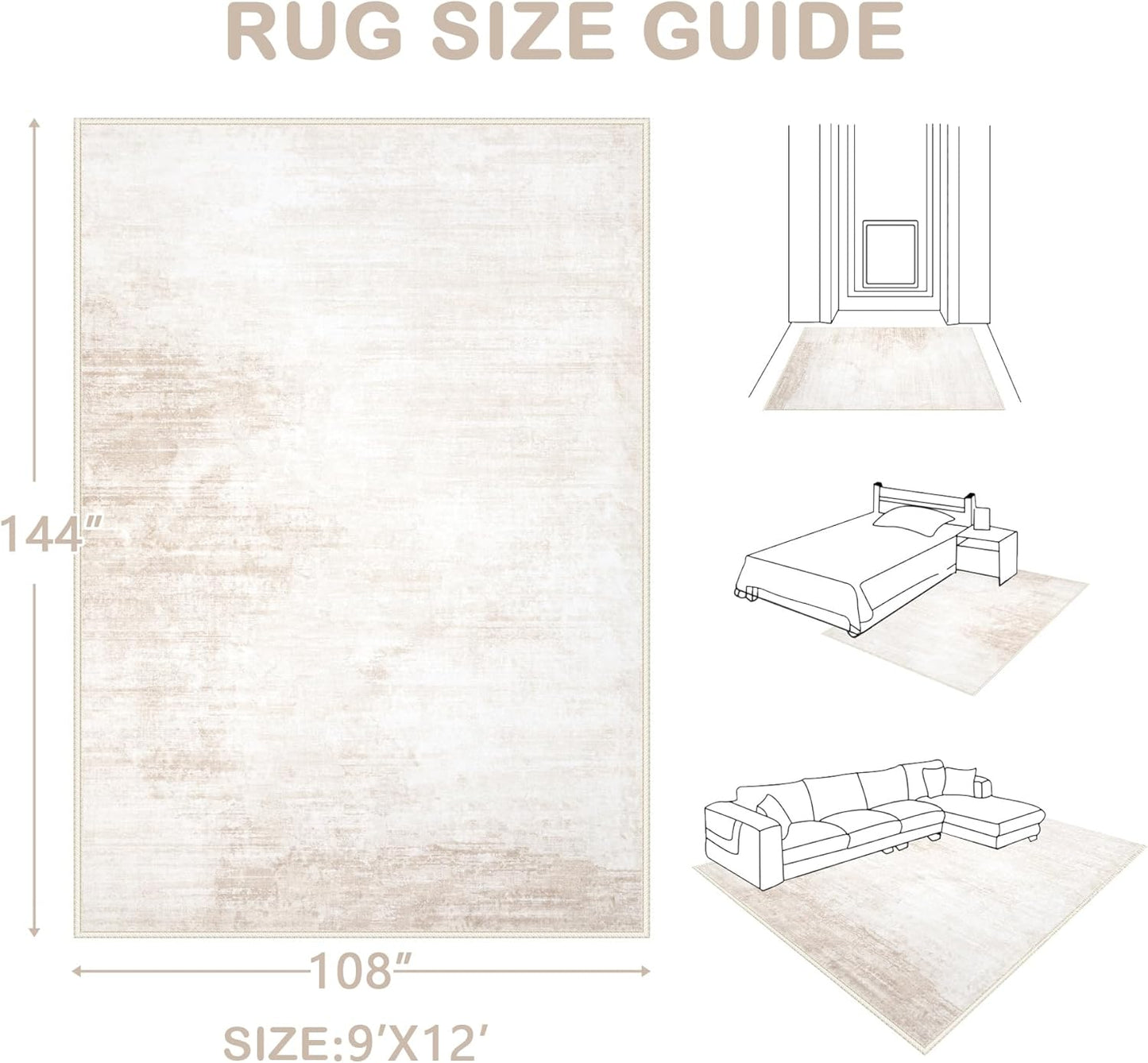 Area Rugs 9x12 Living Room: Washable Rug Modern Abstract Large Rugs Soft Non Slip Neutral Rug Stain Resistant Indoor Carpet for Bedroom Kitchen Dining Room Table Nursery Home Office Rugs(Beige,9'x12')