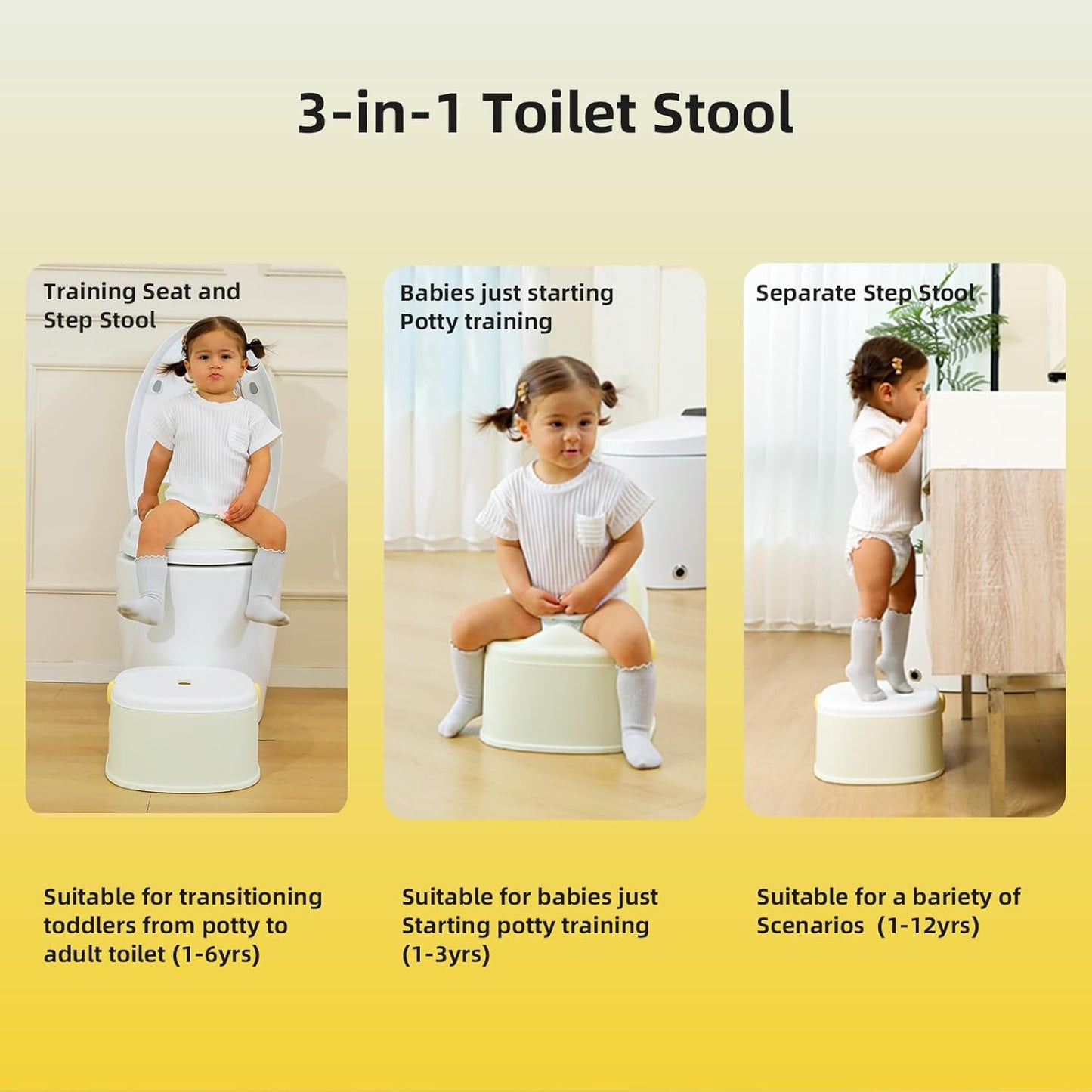3 in 1 Toddler Potty Training Toilet Seat with Steps Ladder, Foldable Potty Train Chair Adapter for Toddlers Kids Boys Girls, Yellow