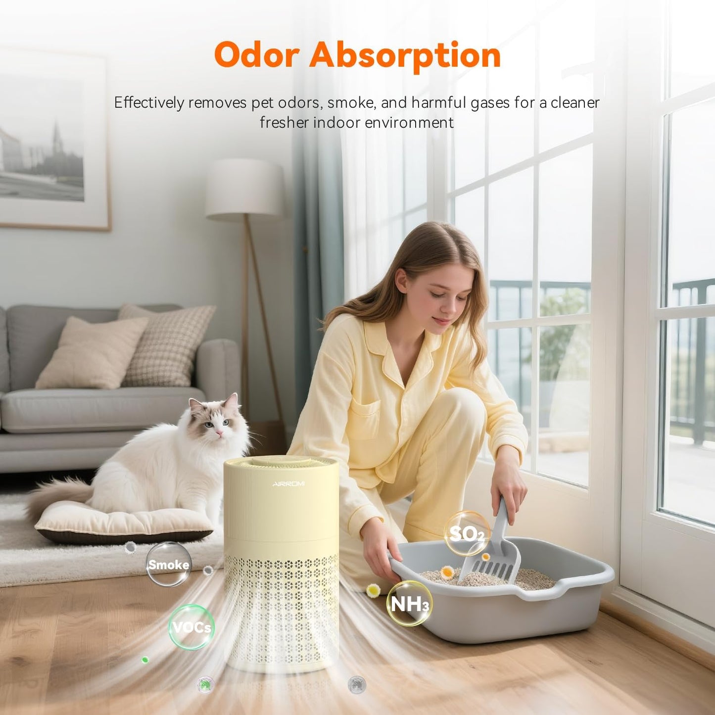 AIRROMI Air Purifier for Bedroom with HEPA Fet Filters, Pet Air Purifiers for Home Cat Pee Smell, Covers Up to 990Ft², Quiet 360° intake Air Cleaner for Allergies Dust Smoke Odor A2001 Yellow