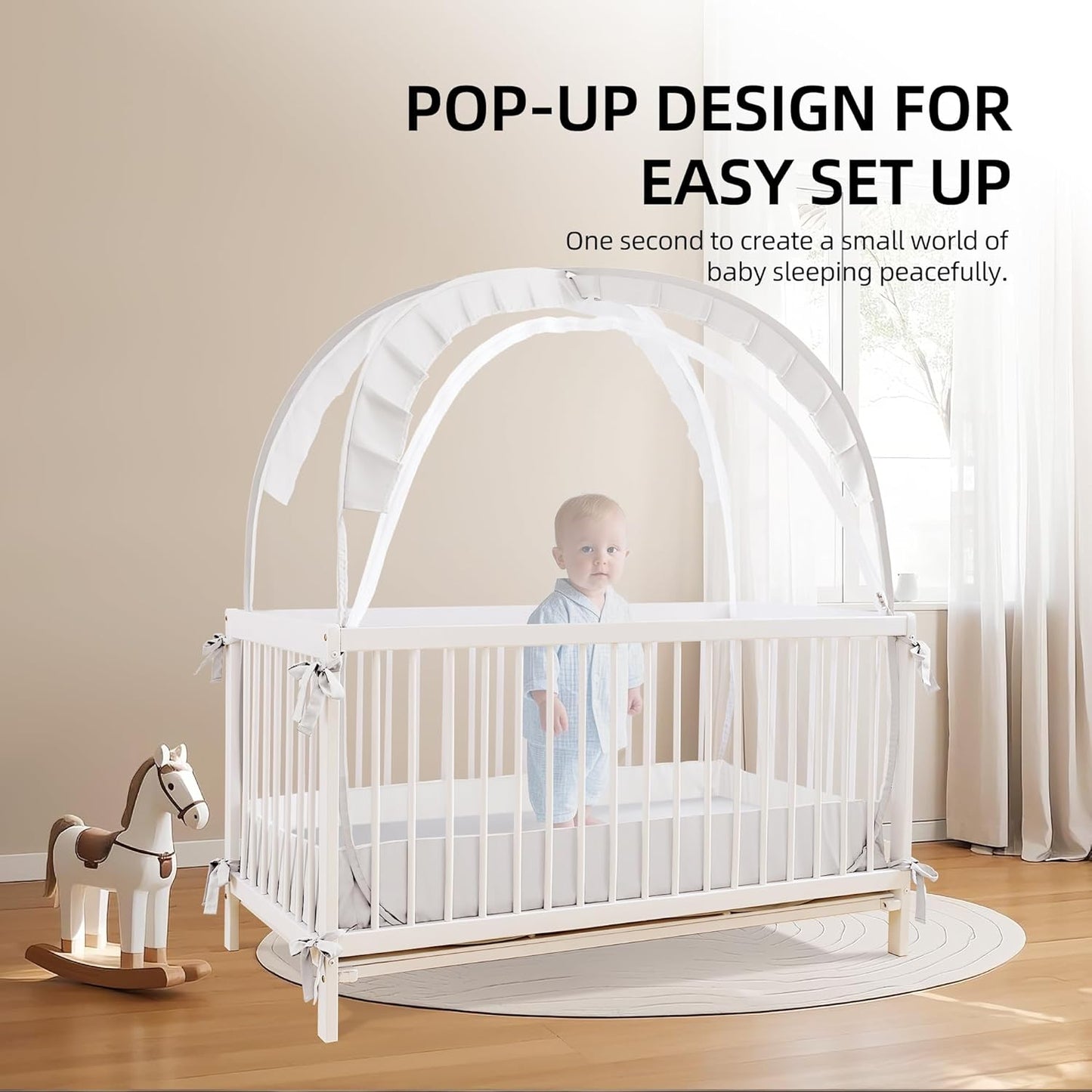 Lazyzzzz Baby Crib Tent - Pop Up Crib Canopy with Double Zipper Self-Locked,1200 Holes/Inch Mesh Crib Net to Keep Baby from Climbing Out, Portable Easy Install 55" L x 27" W x 51" H White