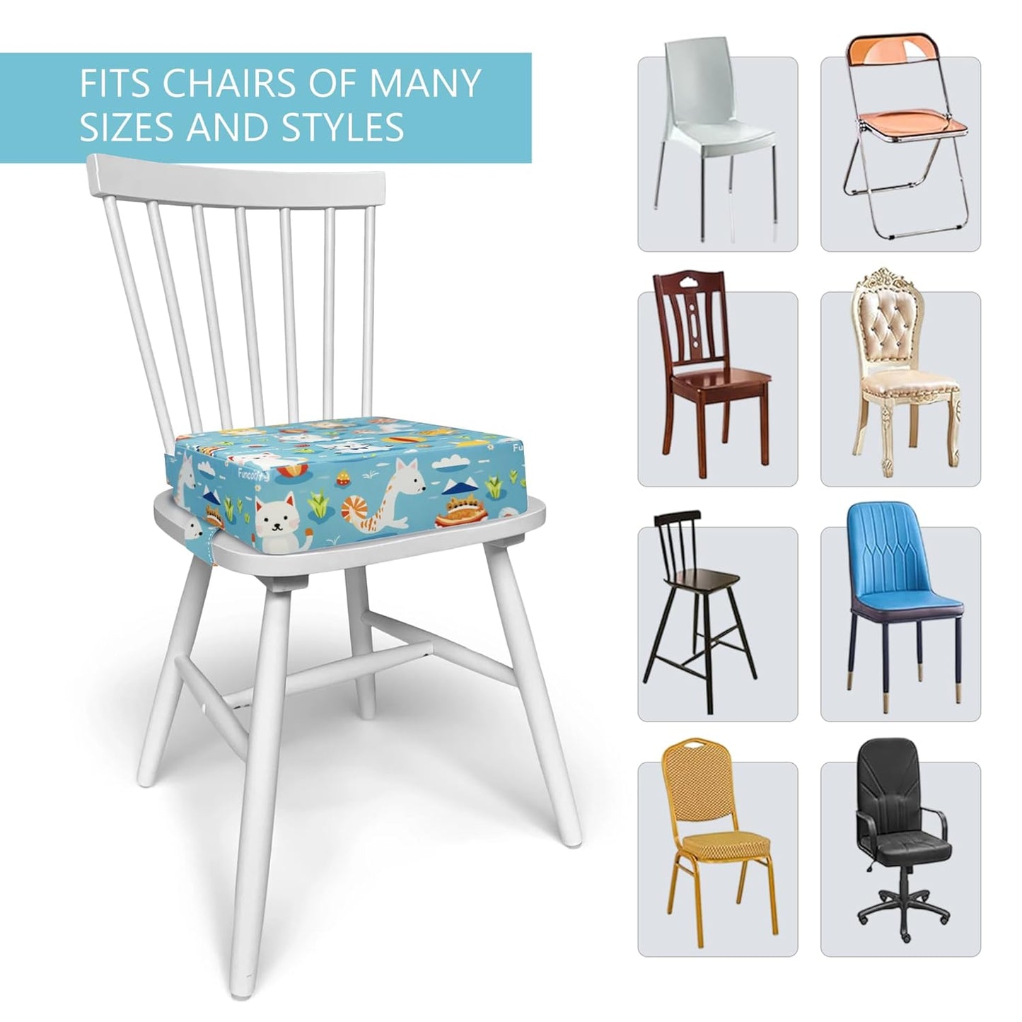 Toddler Booster Seat for Dining Table, Portable Booster Seat for Kitchen Chair, 4 Inch High-Density Foam Cushion with Adjustable Safety Straps and Non-Slip Bottom, Perfect for Kids Travel and Daily