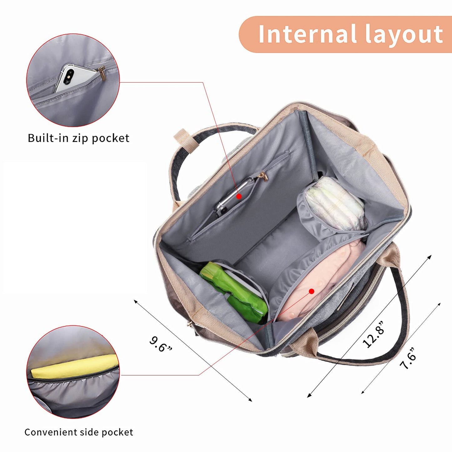 Diaper Bag Backpack for Women, Baby Bags for Girls,Diaper Bag with Changing Pad, and Insulated Pockets (Dark Grey +Light Grey)