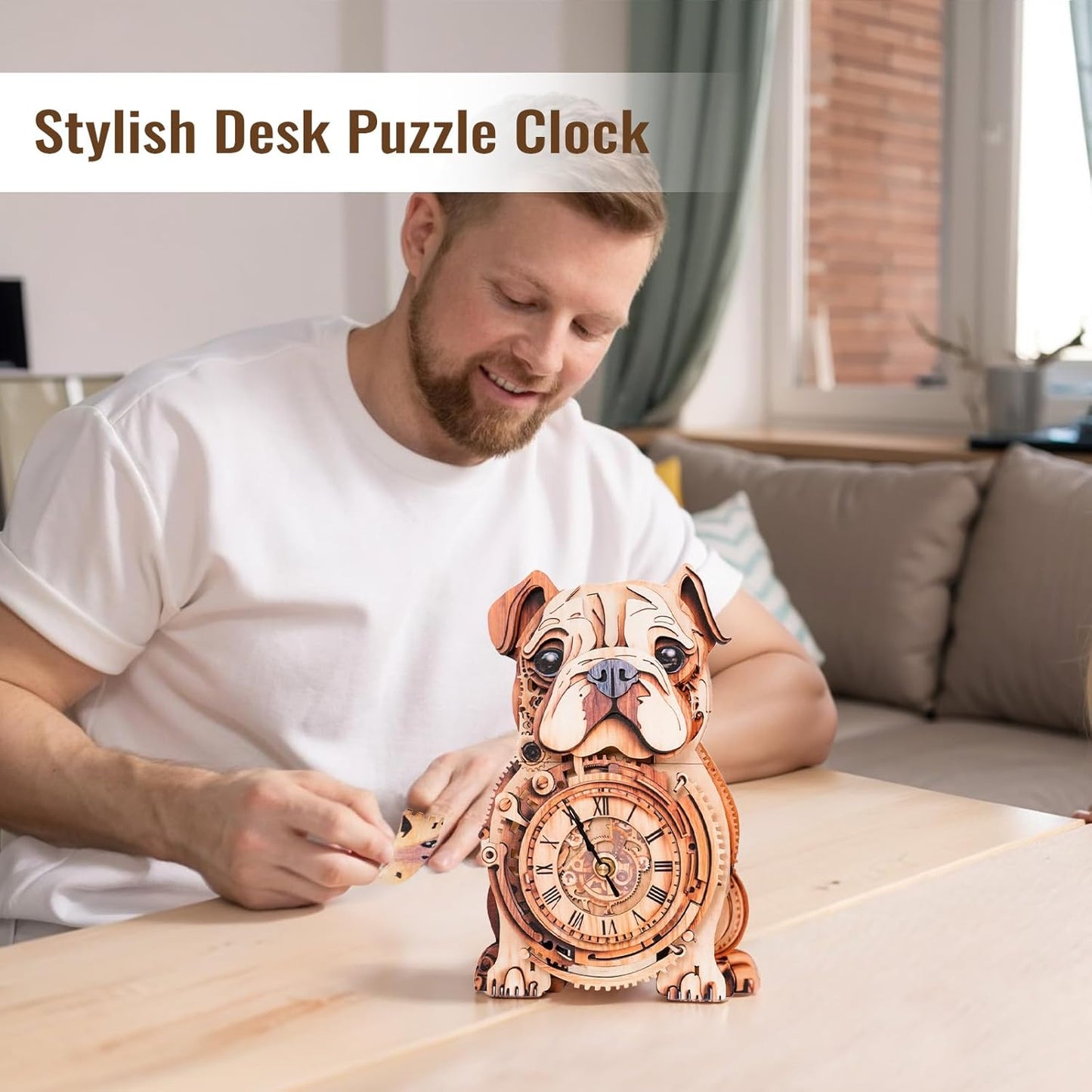 3D Puzzle for Adults Bulldog Clock - Mechanical DIY Wall Clock Kit Model Building Set Hobbies for Women Men Puzzle Home Decor & Stress Relief Craft Unique Gift for DIY Lovers