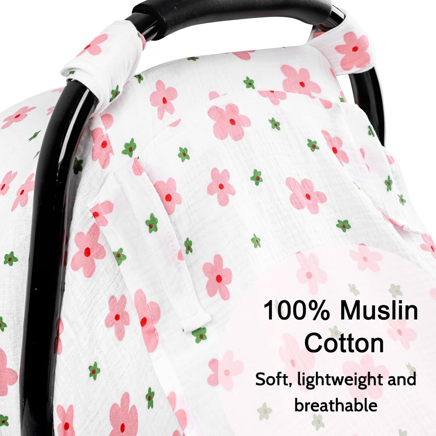 Hooyax Muslin Car Seat Cover Baby - Breathable and Privacy Car Seat Canopy with 3 Modes - Easy Install & Gift Box Packaging, Universal Fit for Infant Car Seats, Pink Flower