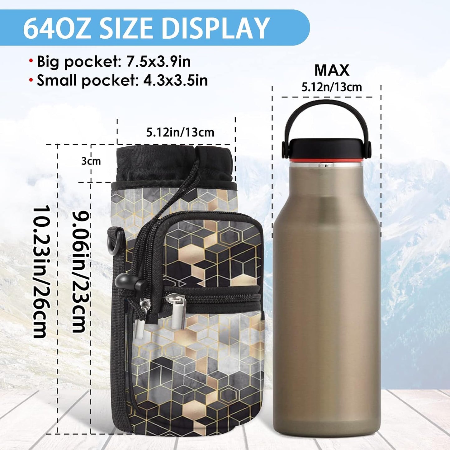 25/32/40/64oz Water Bottle Bag Holder Carrier-Insulated Crossbody Sling Case Sleeve with Strap & Pockets for Men Women Gym Cycling Travel Walking Hiking Camping