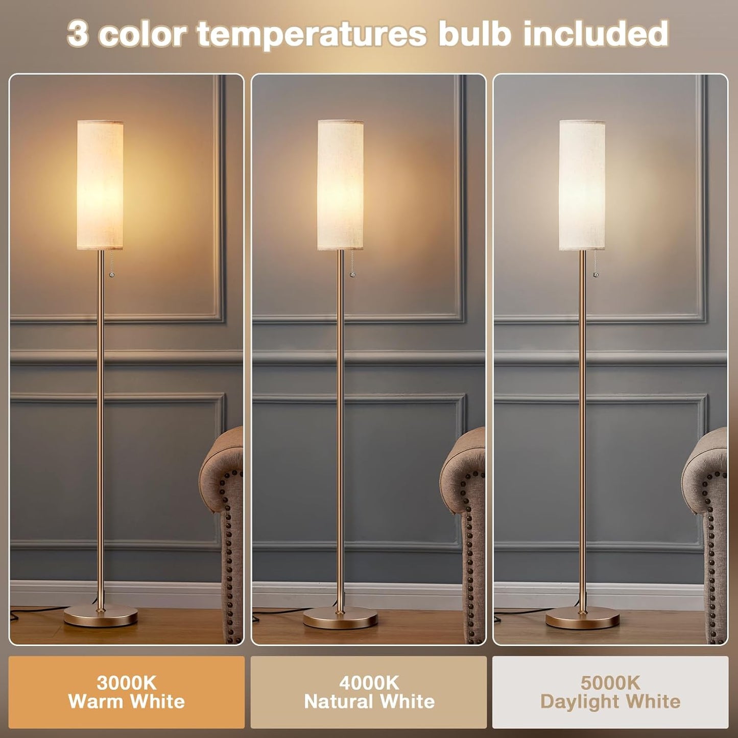 Ambimall Floor Lamp for Living Room with 3 Color Temperatures Bulb, 64" Standing lamp with Linen lampshade for Bedroom, Minimalist Pole Lamp, Dark Beige Shade & Brown Pole