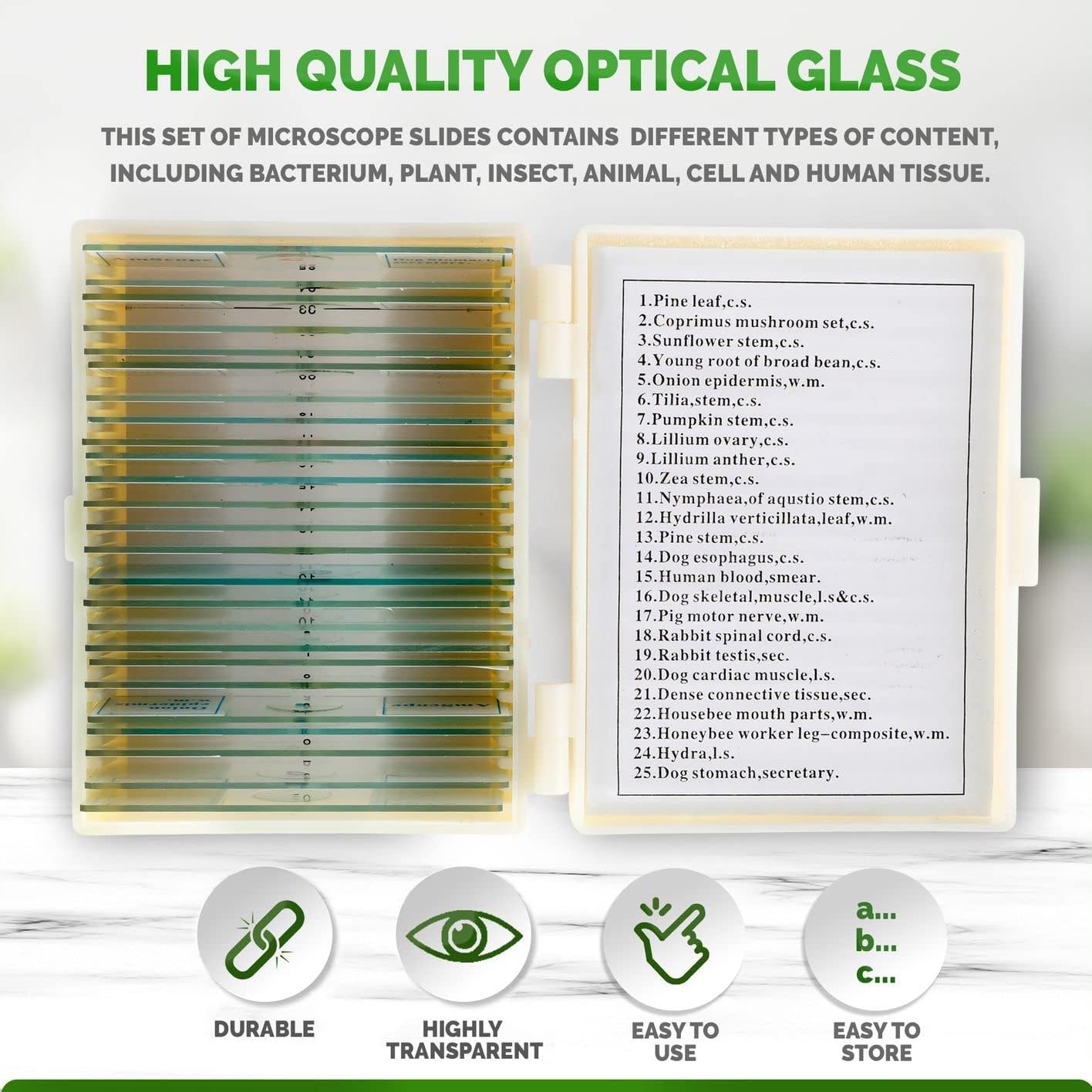 AmScope 25pc Prepared Glass Microscope Slides in Plastic Case with Plant, Fungus, Insect and Mammal Specimens