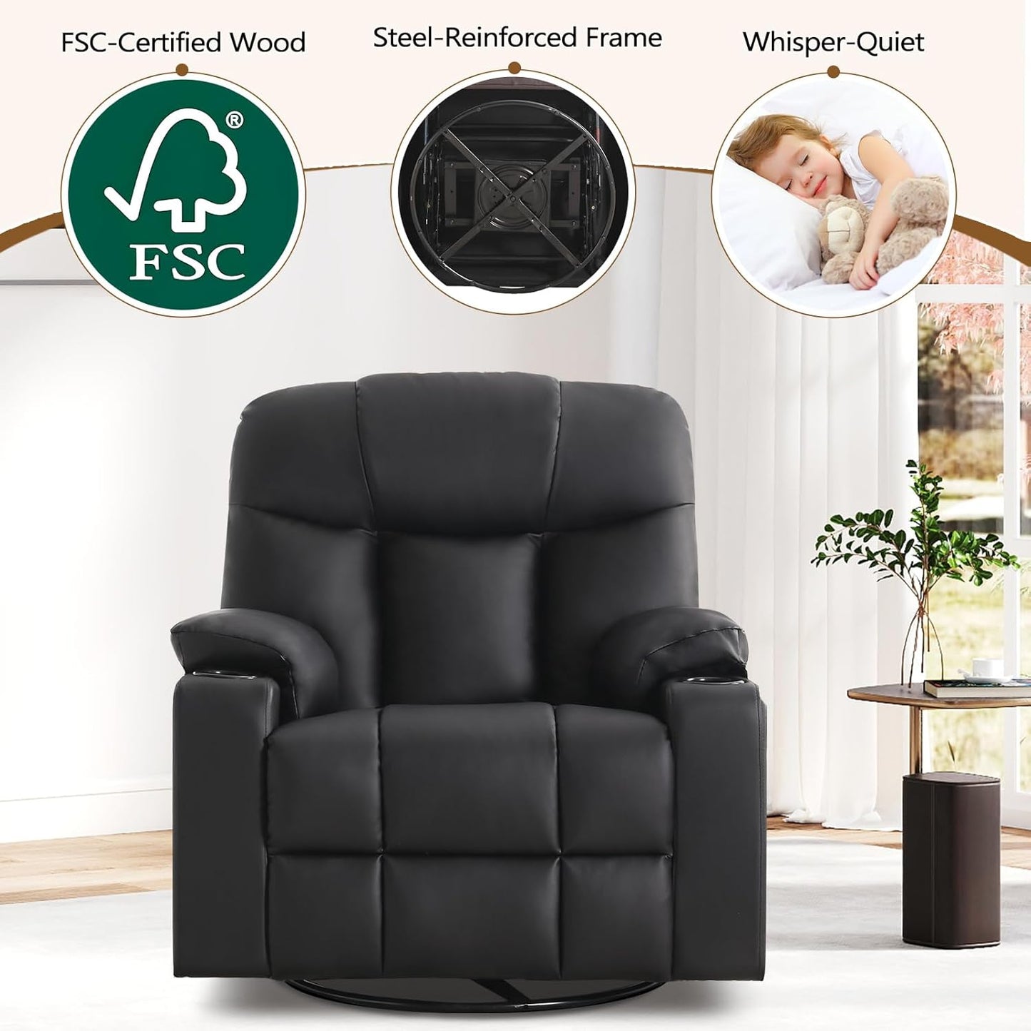 ANJ PU Leather Nursery Recliner Chair, 360° Swivel Rocker with Heat & Massage, 3-Position Manual Reclining for Living Room, Black