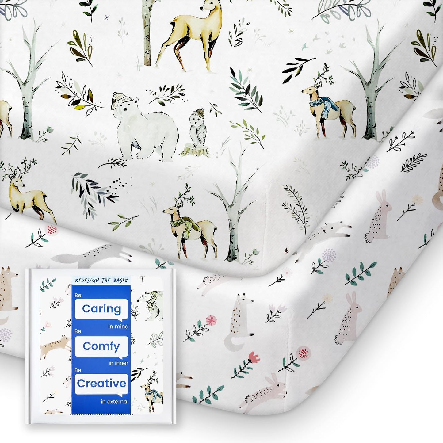 Ultra Soft Pack N Play Sheets - Fitted, Premium Jersey Knit, Stretchy Neutral, Woodland Mini Crib Sheets for Graco Pack and Play, 2 Pack (Deer&Rabbit)
