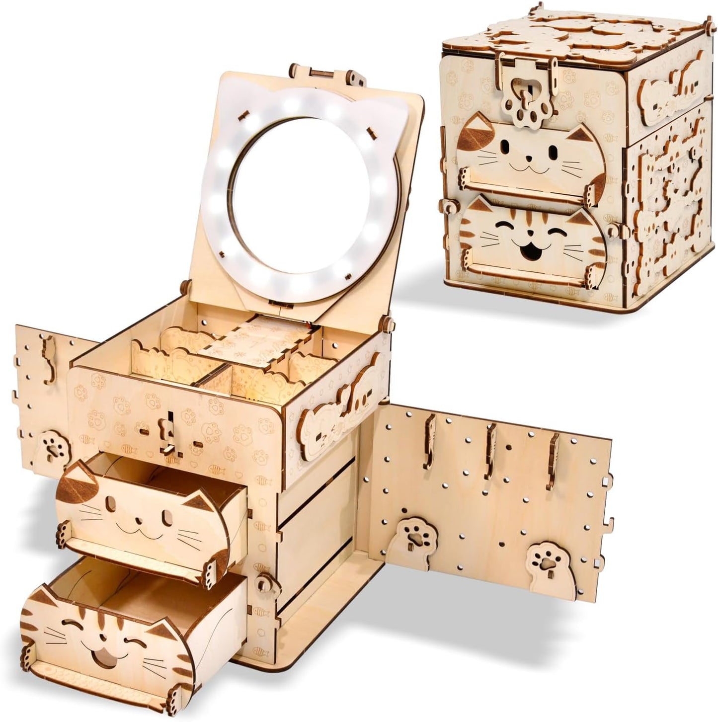 3D Wooden Puzzles for Adults: DIY Jewelry Box with Mirror, Cat Model Craft Kit, Creative Gift for Women Men Birthday Christmas Home Decor and Storage