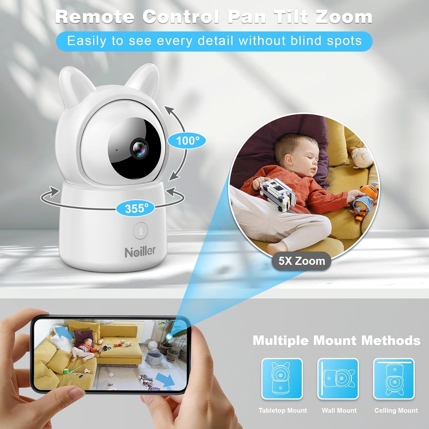1080P Pan/Tilt Security Camera for Baby Monitor, 2.4G WiFi Pet Camera with Motion Detection, Night Vision, 2-Way Talk, RGB Night Lights, Lullabies, TF/Cloud Storage, Works with Alexa & Google Home