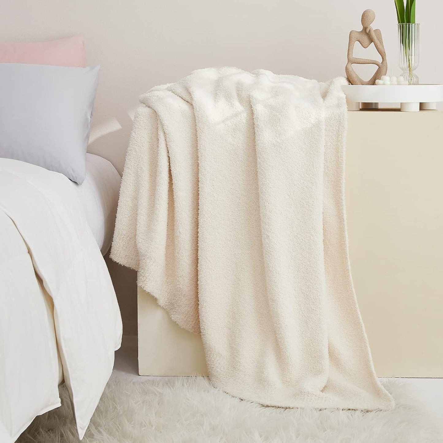 CYMULA Knit Throw Blanket for Couch Cream White - Super Soft Lightweight Plush Fuzzy Fluffy Cozy Blankets and Throws for Sofa Bed, 50 x 60 inches