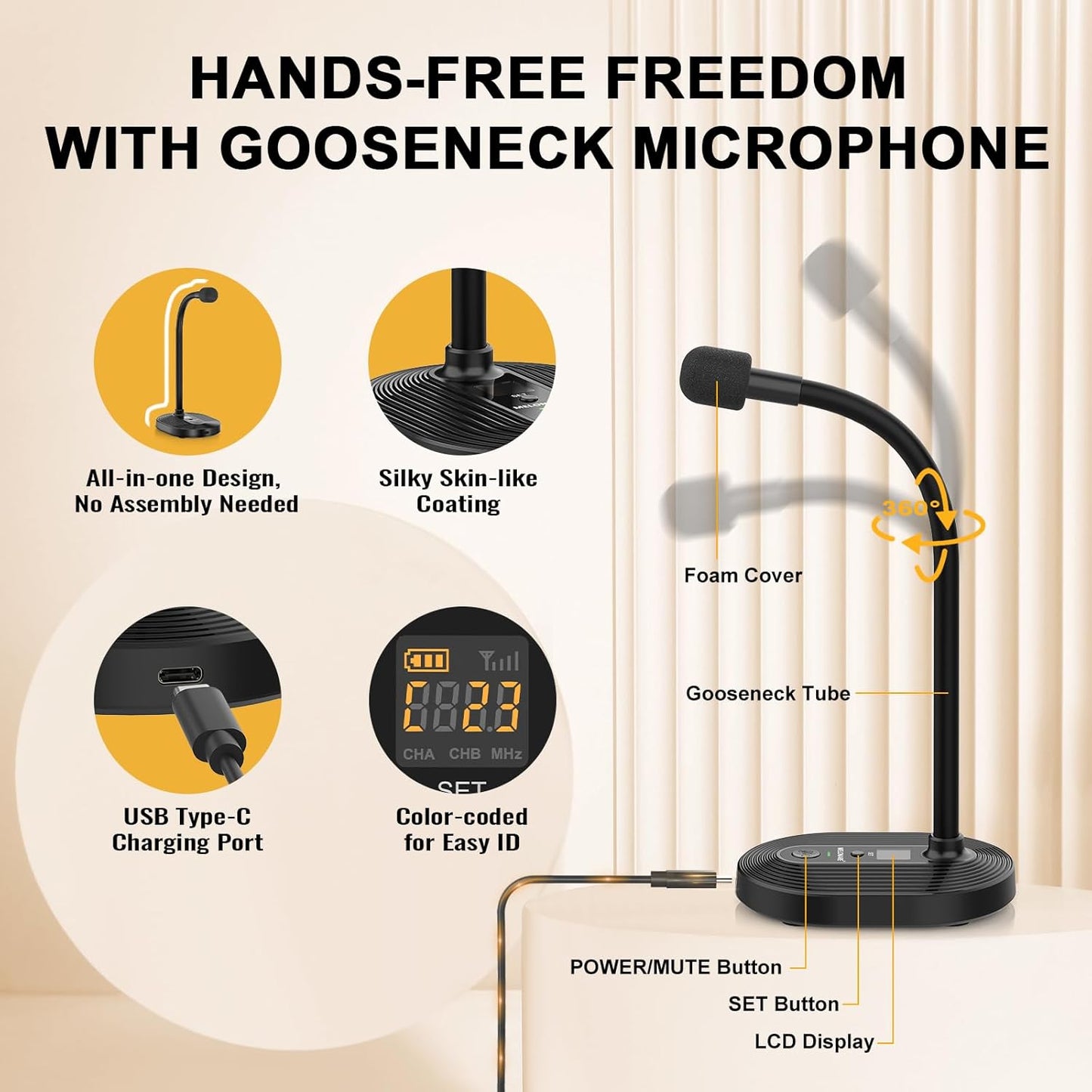 4-Channel Wireless Conference Microphone System, UHF Compact Cordless Mic Set w/ 4x10 Frequencies, 200ft Range, 4 Gooseneck Mics for Lecture, Church, Conference, Public Speaking (MWM-41-4G)