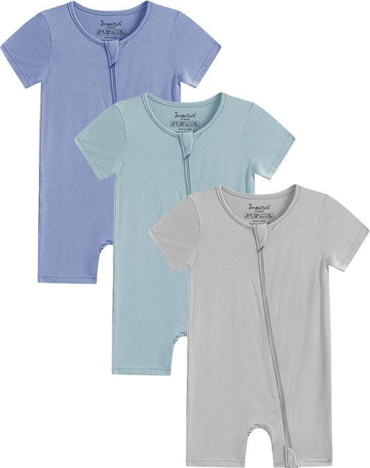 Jimonda Boys Baby Girls Short Sleeve Romper Unisex Baby Footless Pajamas With Viscose 2-Way Zipper Front 3Pcs0-24Months