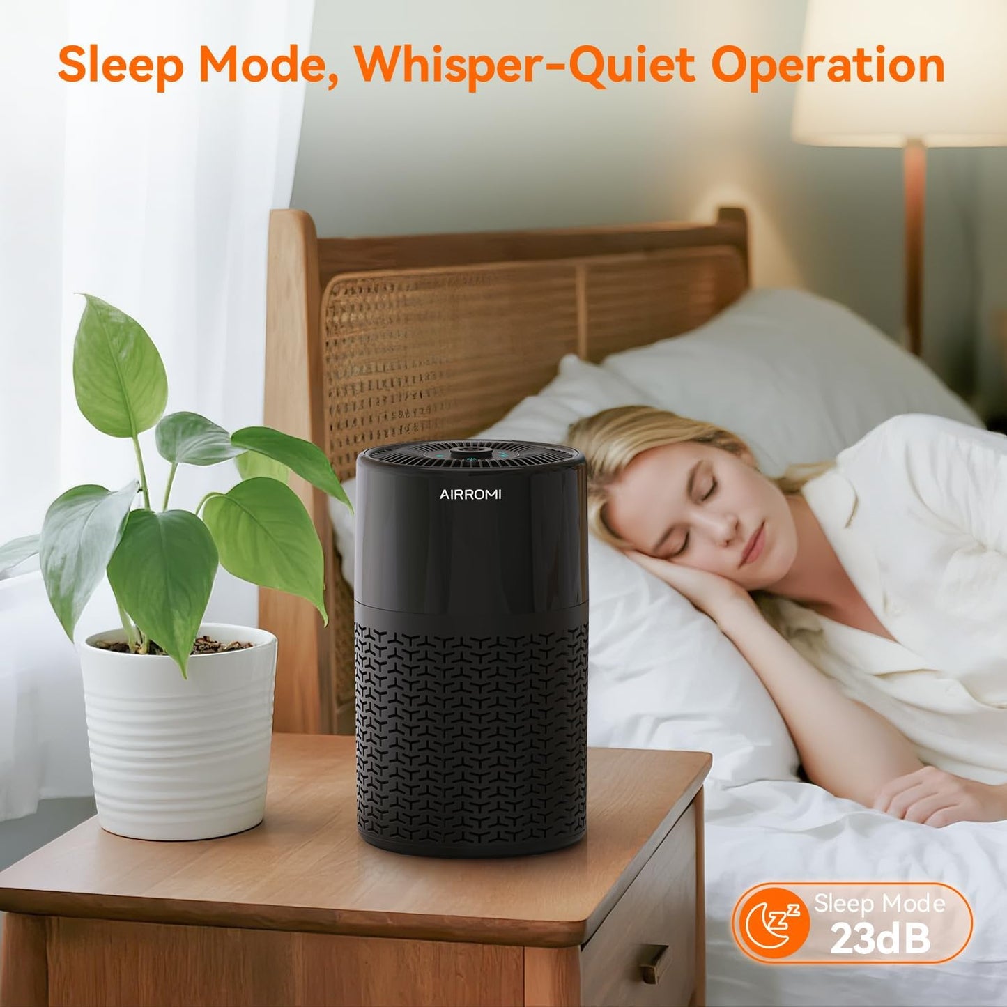 AIRROMI Pets Air Purifier for Home Allergies,Up to 660 ft².Yellow Deodorizing Activated Carbon Filter,With Fragrance Sponge for Better Sleep,Night Light,Pet Dander,Smoke,Odors,Air Cleaner A2002 Black