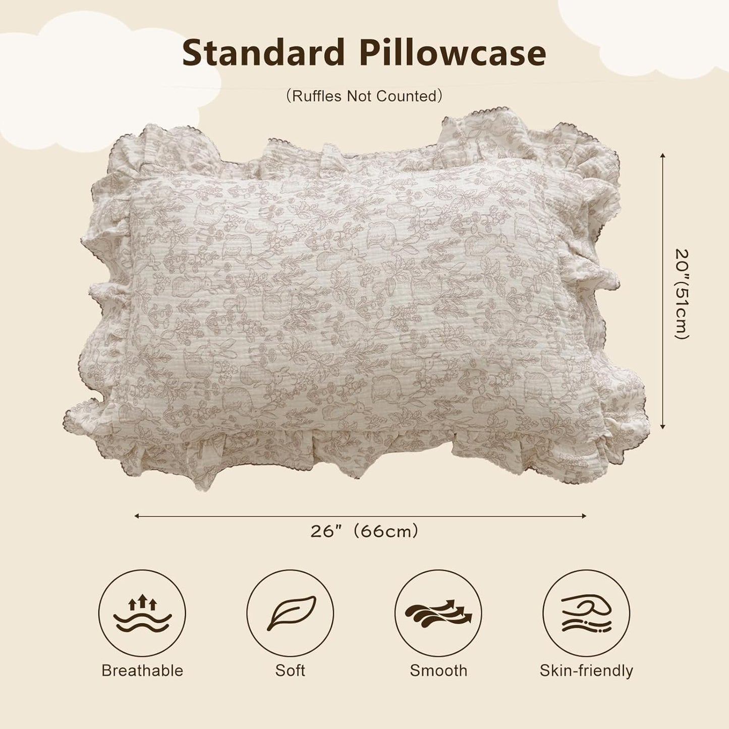 BuLuTu 100% Cotton Muslin Kids Toddler Pillowcase Standard Size, 20"x26", Cute Rabbit Pattern Toddler Boys Girls Pillow Cases Soft Pillow Cover Nursery Pillowcases, Bedding Decor,1 Piece, Forest