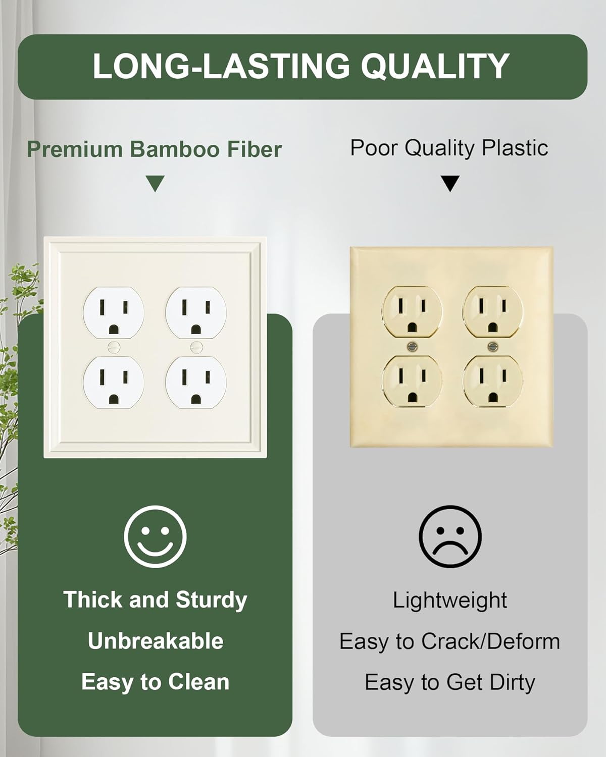 2-Pack Double Duplex Outlet Cover, Natural Bamboo Fiber Switch Plates and Outlet Covers, Light Almond Decorative Wall Plates for Electrical Outlets, 2 Gang Receptacle Cover