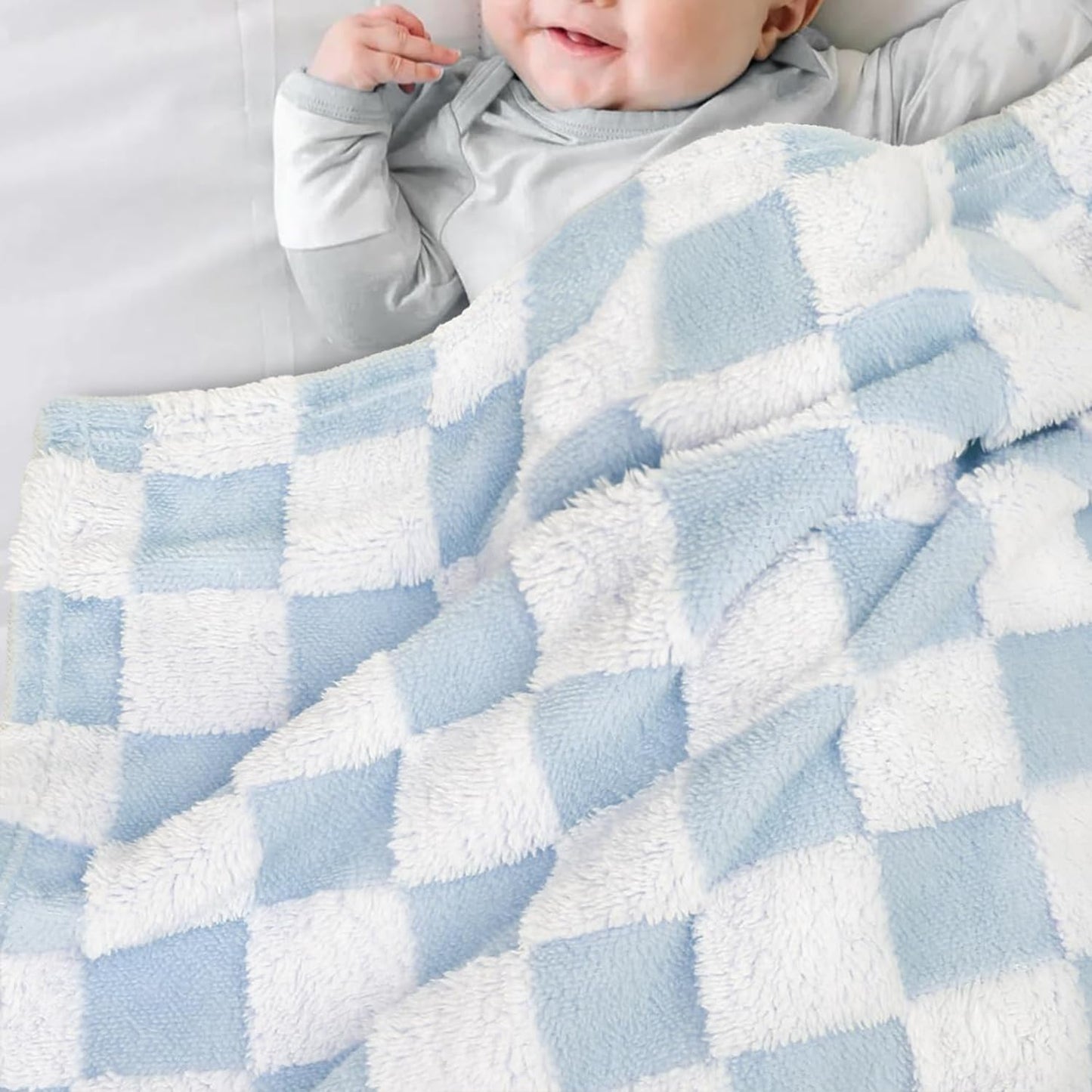 HOMRITAR Checkered Baby Blanket for Boys Girls Warm Cozy Reversible Checkerboard Toddler Blankets, Fluffy Fuzzy Plush Lightweight Bed Blanket with Chessboard Grid Design 350GSM Baby Blue 30 x 40 Inch