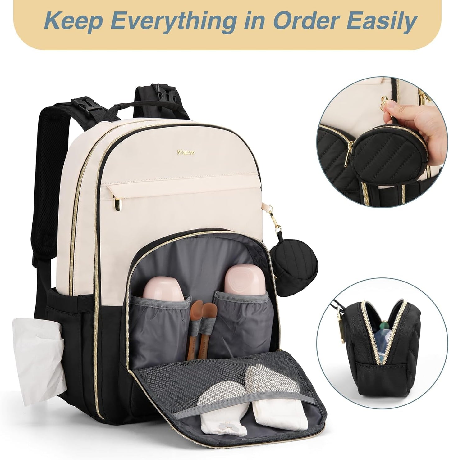 MOMUVO Diaper Bag Backpack, Quilted Baby Bag with Changing Pad & Stroller Straps & Pacifier Case, Multifunction Waterproof Travel Diaper Bags, Unisex, Black Beige