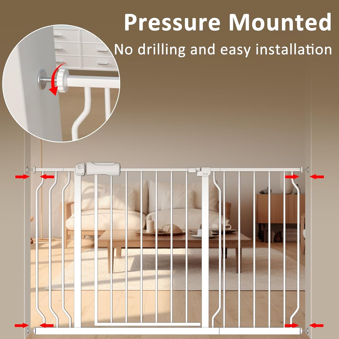 ALLAIBB Extra Wide Baby Gate Pressure Mount with Auto-Close, White Metal Safety Gate for Stairs & Doorways - Child Proof, Pet Barrier for Hallways, Kitchen, Living Room for 48.03-52.76 inch