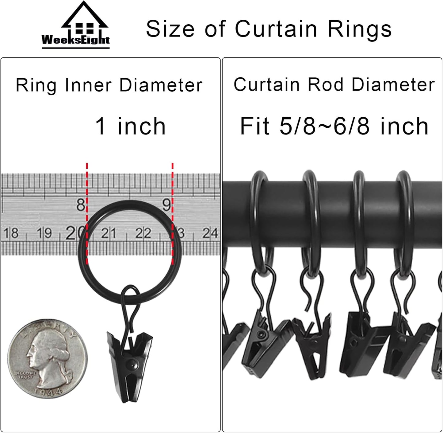 100 Pack Black Curtain Rings with Clips, Curtain Hooks Hangers Clip Rings for Hanging Drapes Bows Hat, Drapery Rings 1 in I D, Fits up to 5/8 in Diameter Curtain Rod.