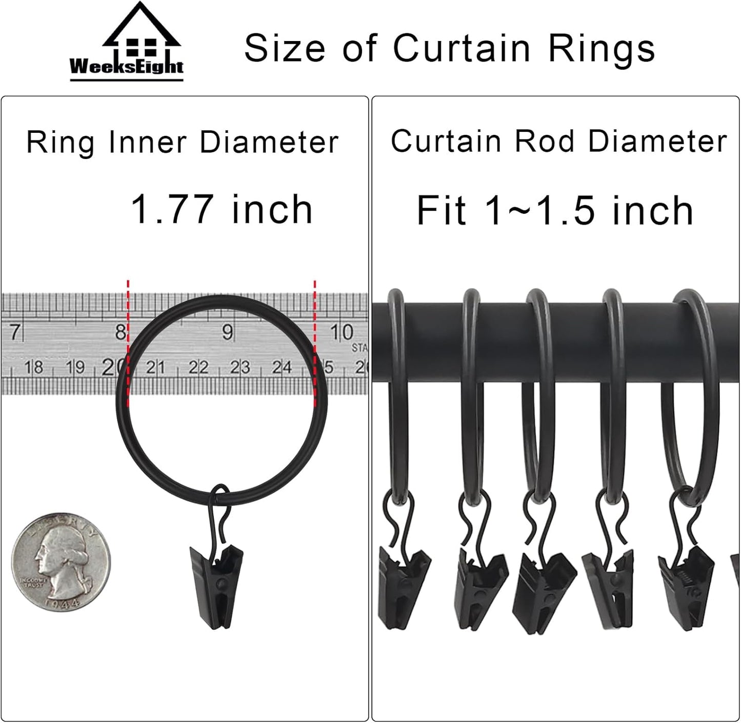 40 Pack Black Curtain Rings with Clips, Curtain Hooks Hangers Clip Rings for Hanging Drapes Bows Hat, Drapery Rings 1.77 in I D, Fits up to 1.5 in Diameter Curtain Rod.