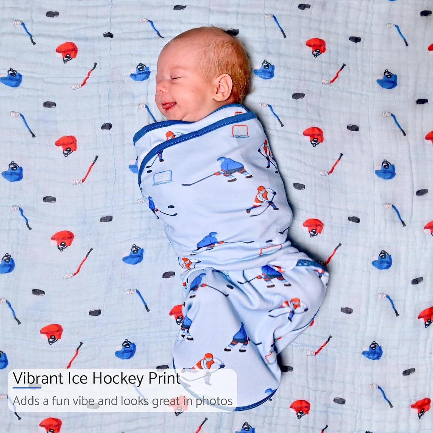 LollyBanks Baby Swaddle, 100% Organic Cotton Newborn Boy Swaddle Sack 3-6 Months, Newborn Baby Swaddle Blanket Wrap with Easy Change Zipper, Baby Registry Must Haves (Ice Hockey)