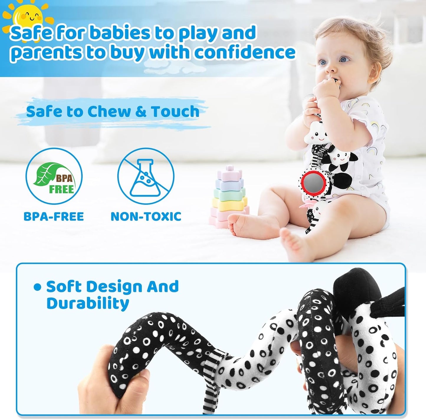 Car Seat Toys Hanging and Stroller Toys for Babies 0-6 Months，High Contrast Baby Toys for Newborn 0 3 Months Brain Development,Black and White Baby Toys for Crib Mobile，Infant Ideal Gift