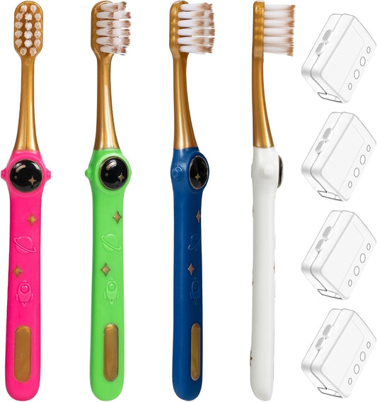 Toddler Toothbrush, Kids Toothbrush, Galactic Adventures Style, Toddler Age 2-4 and Up, Soft Bristles with Caps, Pack of 4