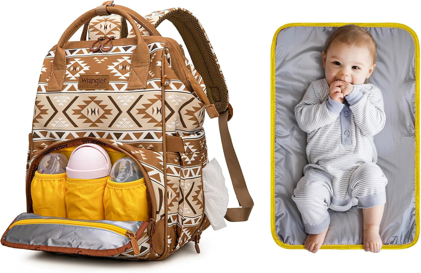 Wrangler Aztec Backpack Multifunction Baby Travel Bag with Changing Pad, Stroller Straps and Pacifier Case WG2204-91103TN