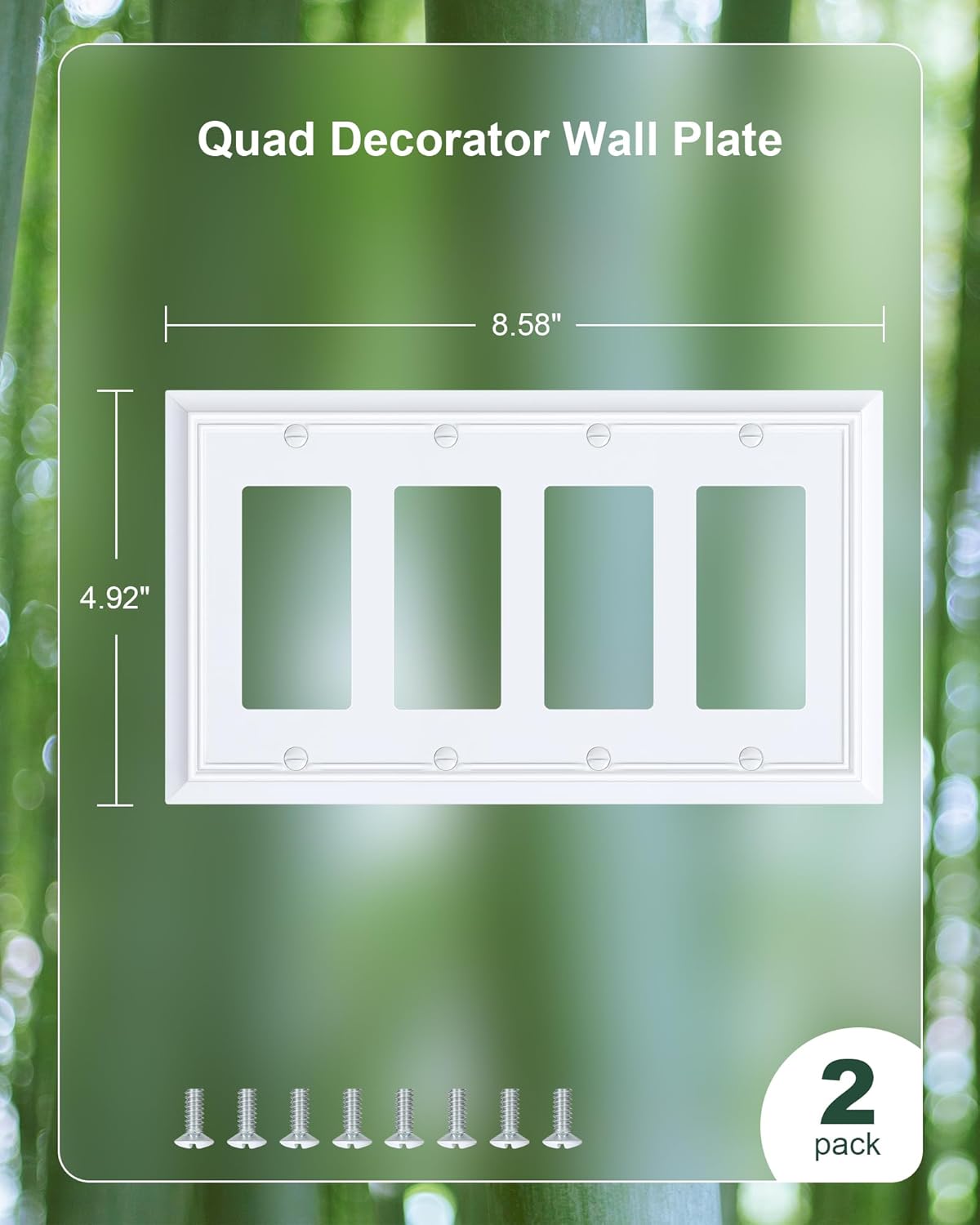 2-Pack Quad Decorator Wall Cover Plate, Pure White Decorative Switch Plates and Outlet Covers, Natural Bamboo Fiber 4 Gang Wall Plate for Electrical Outlets, Receptacle, GFCI Outlet, Dimmer Switch