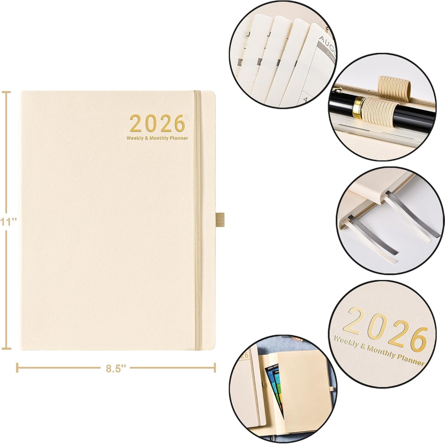 2026 Planner - JAN 2026 - DEC 2026, Planner 2026, Weekly and Monthly Planners, Leather Cover Planners with Thick Paper, Back Pocket with Notes Pages, Seashell Gold (8.5" x 11")
