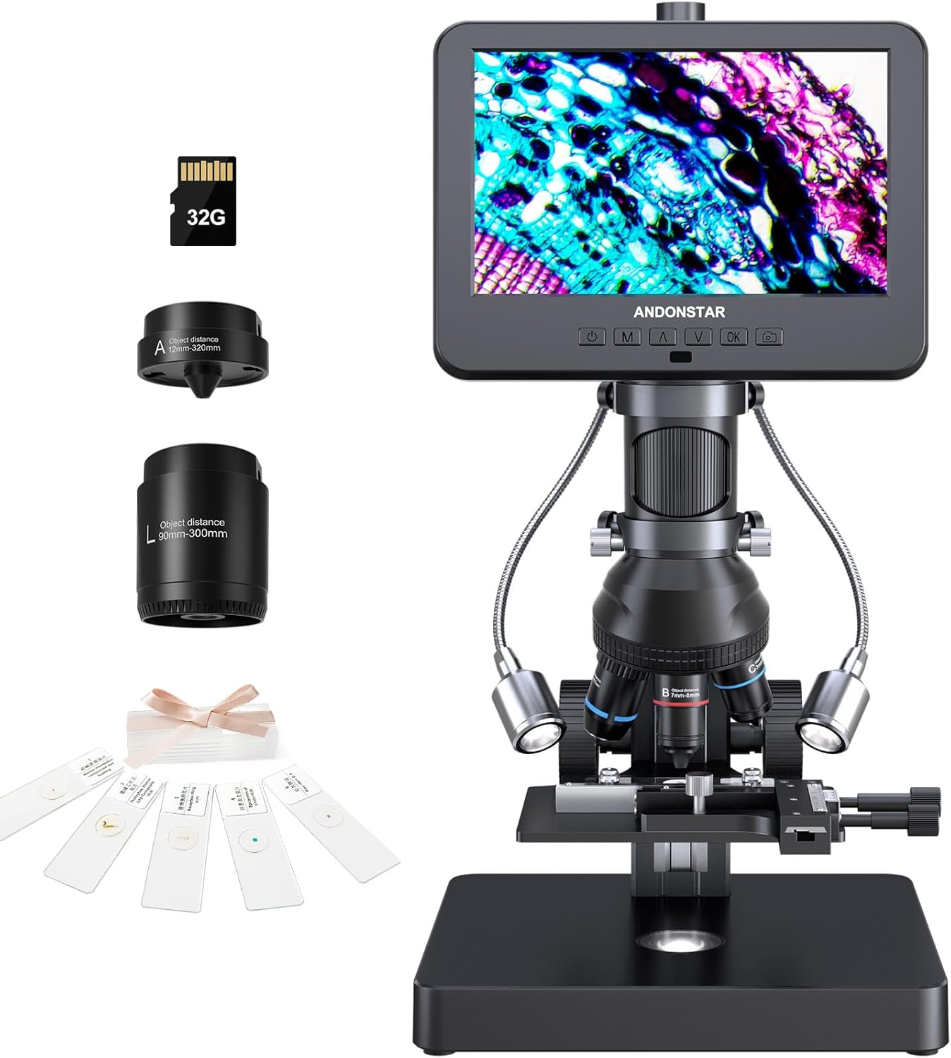 Andonstar AD266S 20X-5000X HDMI Digital Microscope, 5 Lens 2160P UHD Video Record, 7'' LCD Microscope for Adults Kids, Home Lab Biological Kit with Slides, Coin Full View