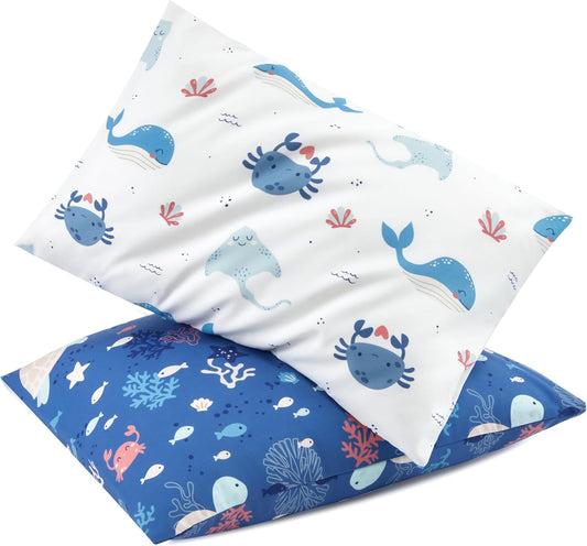 TILLYOU Toddler Pillowcase 2 Pack with Envelope Closure,13" x 18" Silky Soft Microfiber Travel Kids Pillowcase for Boys and Girls, Beach Time Turtle&Manta Ray