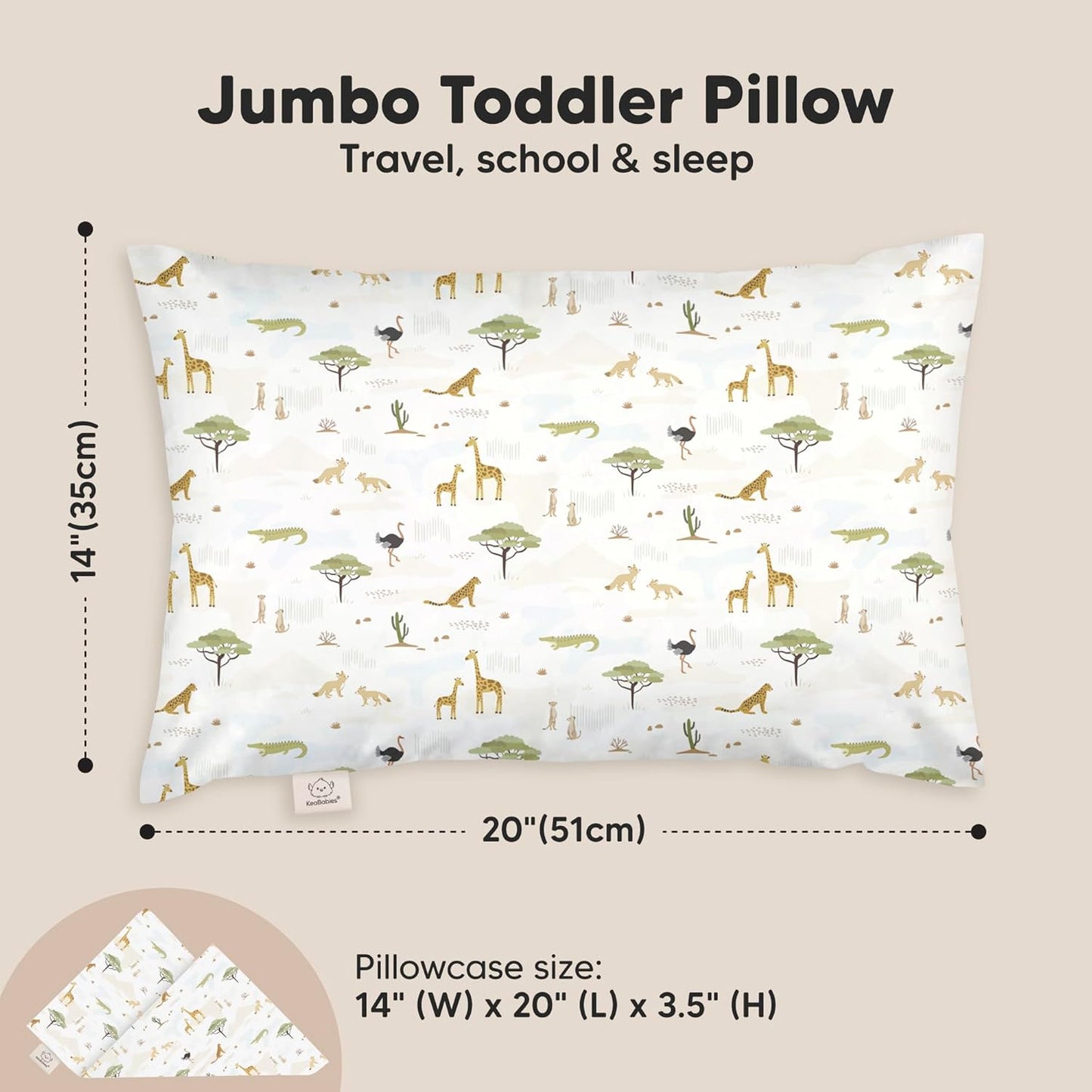 KeaBabies Toddler Pillow with Pillowcase, Jumbo 14X20 - Soft Organic Cotton Toddler Pillows for Sleeping - Machine Washable - Perfect for Travel, Toddler Bed Set (Grasslands)