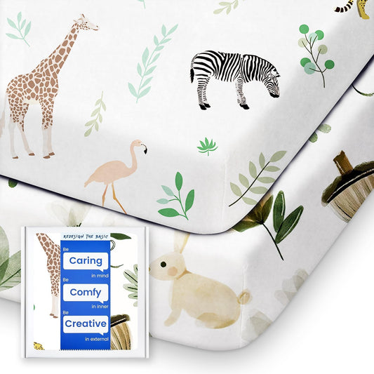 Pack N Play Sheets Fitted, TotBasic Ultra Soft Mini Crib Sheets Safari, Premium Jersey Knit Pack and Play Sheets Neutral, Stretchy Play Yard Sheets for Pack and Play Mattress, 2 Pack (Rabbit Giraff)