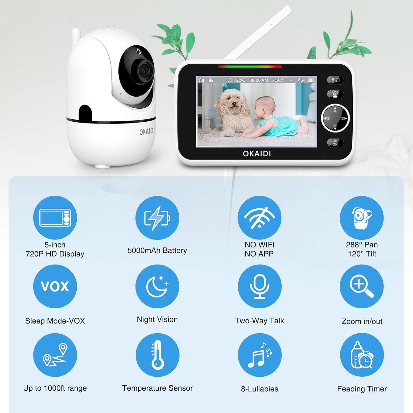 5" HD Baby Monitor with Camera and Audio, 720P Display, 5000mAh Battery, Remote Pan-Tilt, 3X Zoom, Night Vision, 2-Way Talk, Temperature,Lullabies,1000ft Range Baby Monitor No WiFi