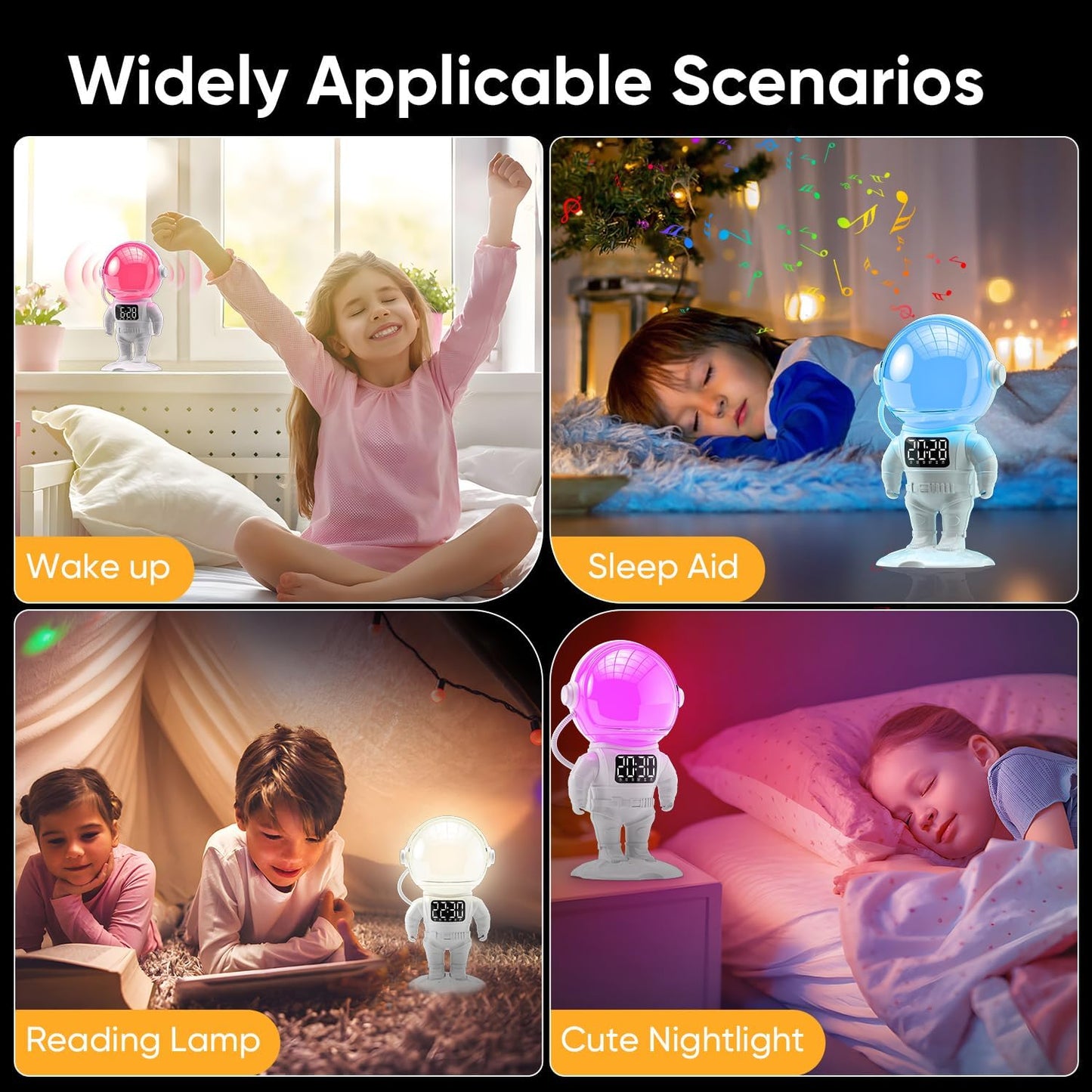 Astronaut Sunrise Alarm Clock for Kids, White Noise Sound Machine with 30 Soothing Sounds, 22 Dimmable Nightlights, Bluetooth Speaker, Dual Digital Alarm Clocks, Wake Up Light for Bedroom, Adults