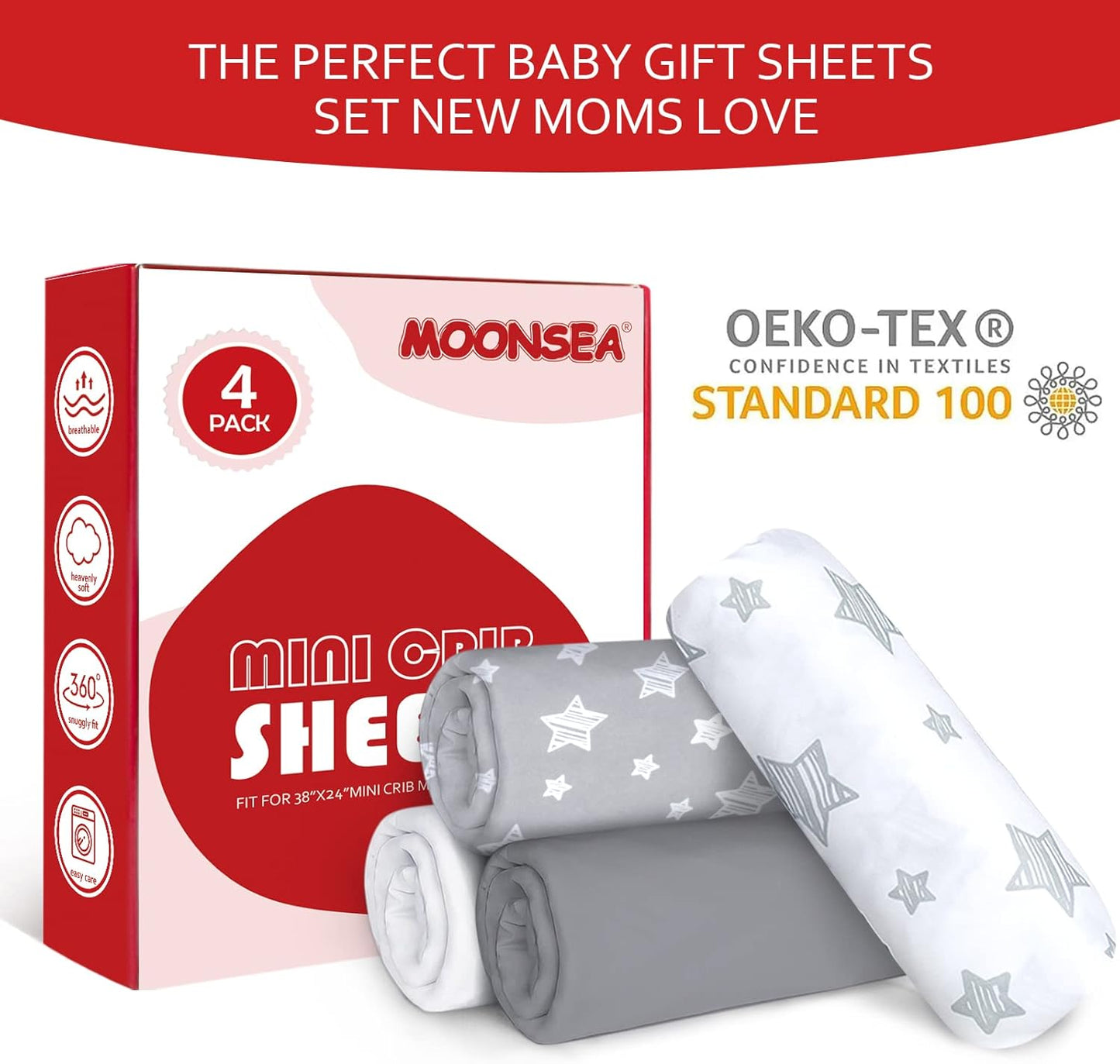 Mini Portable Crib Sheets 4 Pack for Boys or Girls (38" X 24"), Compatible with Dream on Me, Delta Porta Crib and Arms Reach Ideal Cosleeper, Grey