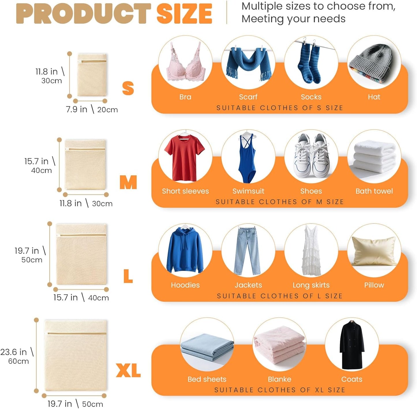 4Pcs Cotton Mesh Laundry Bags for Delicates,Breathable Mesh Garment Bag for Washing Machine, Travel Wash Bags with Zipper for Bras, Underwear, Socks, Clothes, Laundry Dorm Room Essentials(S-XL)