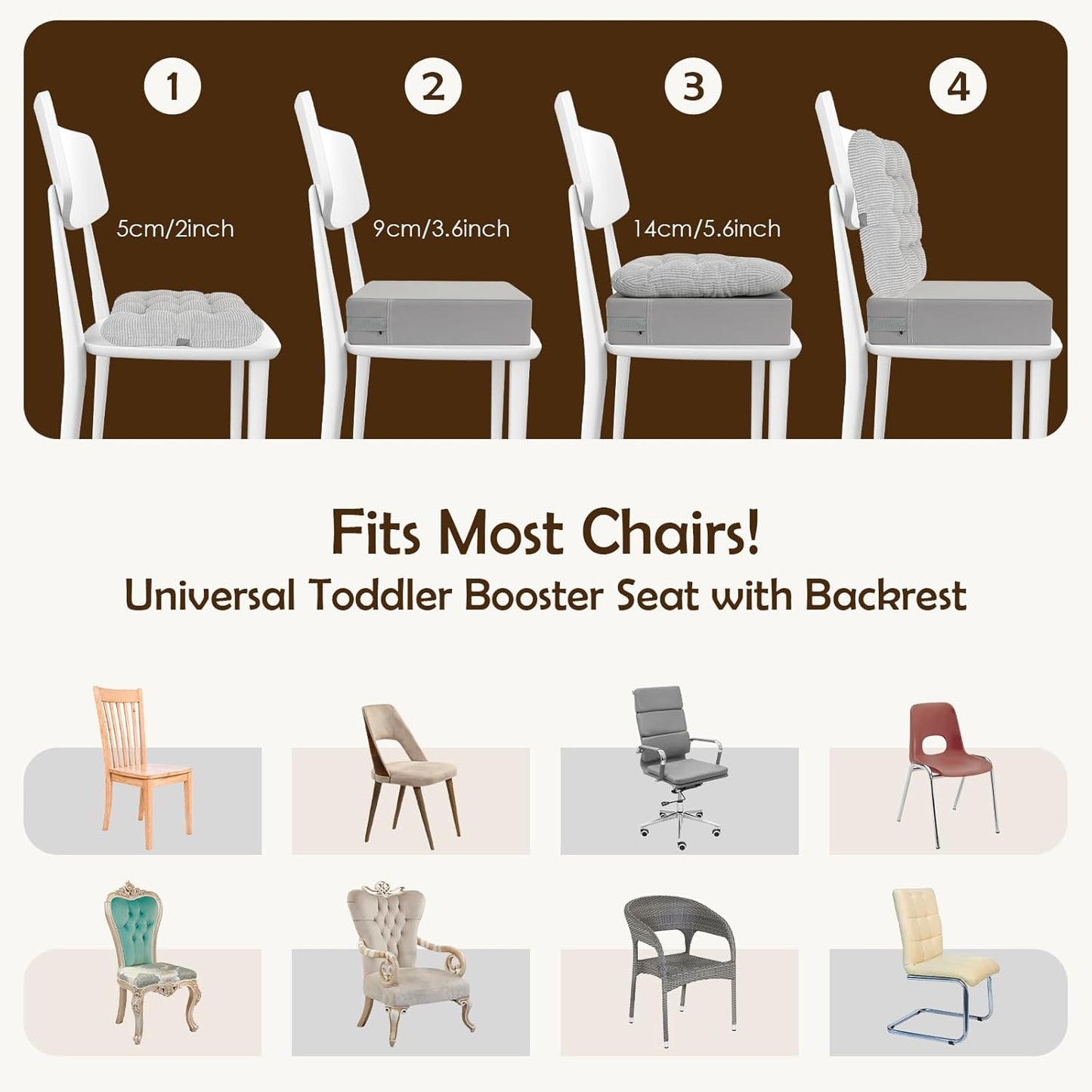 Booster Seat for Kitchen Chair with Comfy Backrest Pillow and Adjustable Safety Buckles,Non-Slip Kid Toddler Booster Seat for Dining Table, PU Travel Baby Booster Cushion Chair